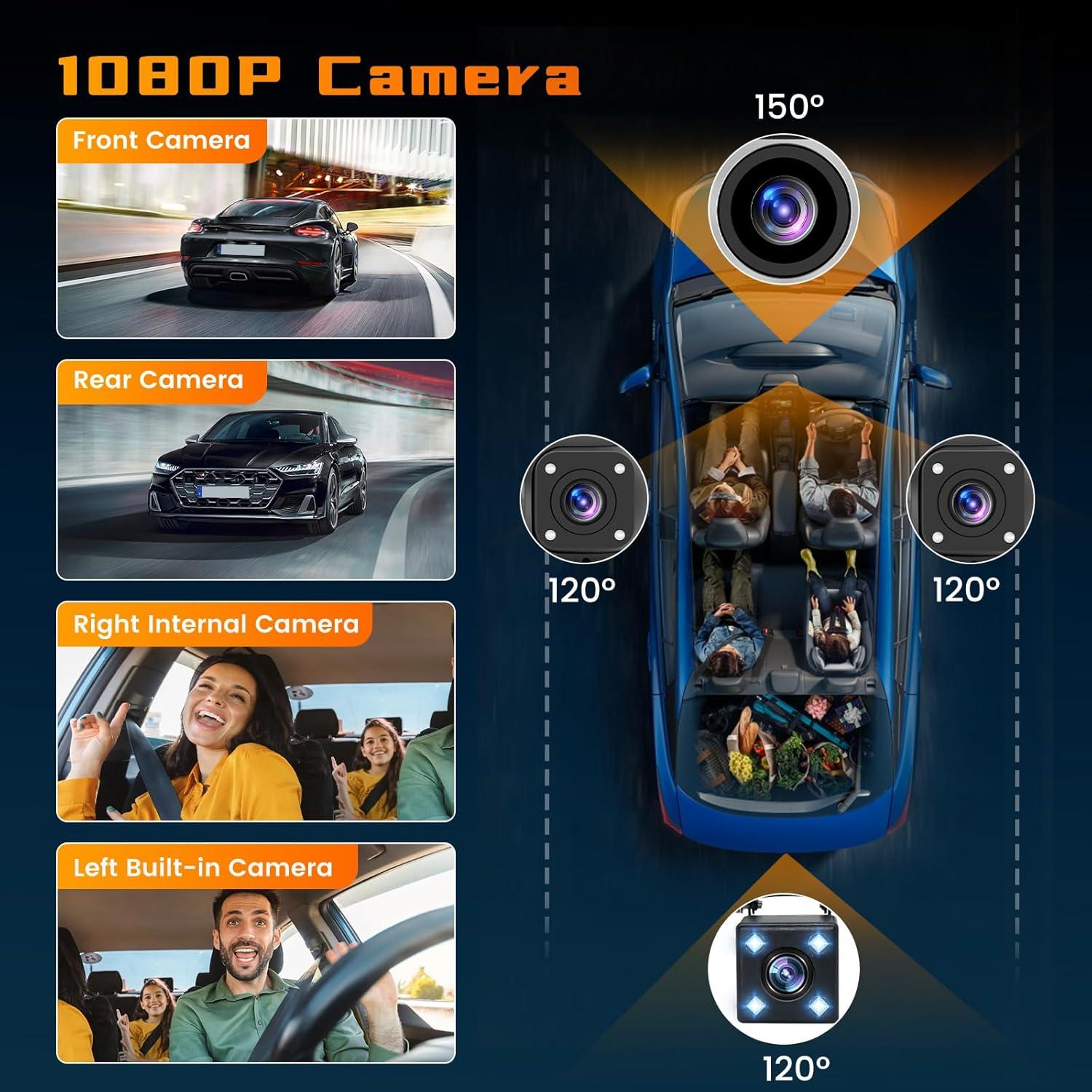 Hikity 360° Dash Cam for car, 4 Channel Front Rear Inside 1080P Camera with 64G Card, DVR Camera Car Recorder with 8 IR Night Vision, Loop Recording, G-Sensor, 24H Parking Monitor