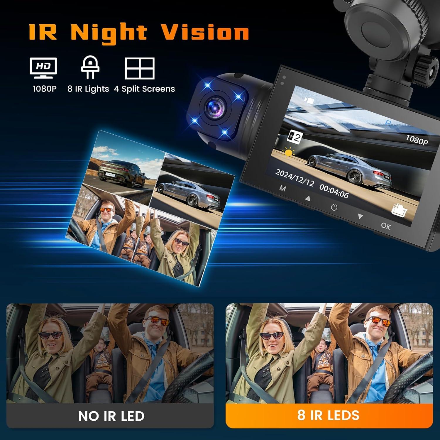 Hikity 360° Dash Cam for car, 4 Channel Front Rear Inside 1080P Camera with 64G Card, DVR Camera Car Recorder with 8 IR Night Vision, Loop Recording, G-Sensor, 24H Parking Monitor