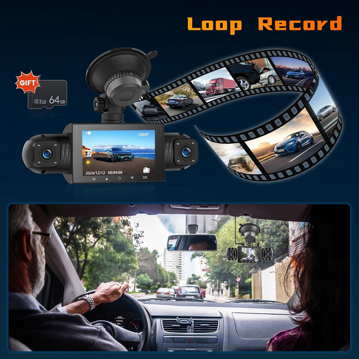 Hikity 360° Dash Cam for car, 4 Channel Front Rear Inside 1080P Camera with 64G Card, DVR Camera Car Recorder with 8 IR Night Vision, Loop Recording, G-Sensor, 24H Parking Monitor