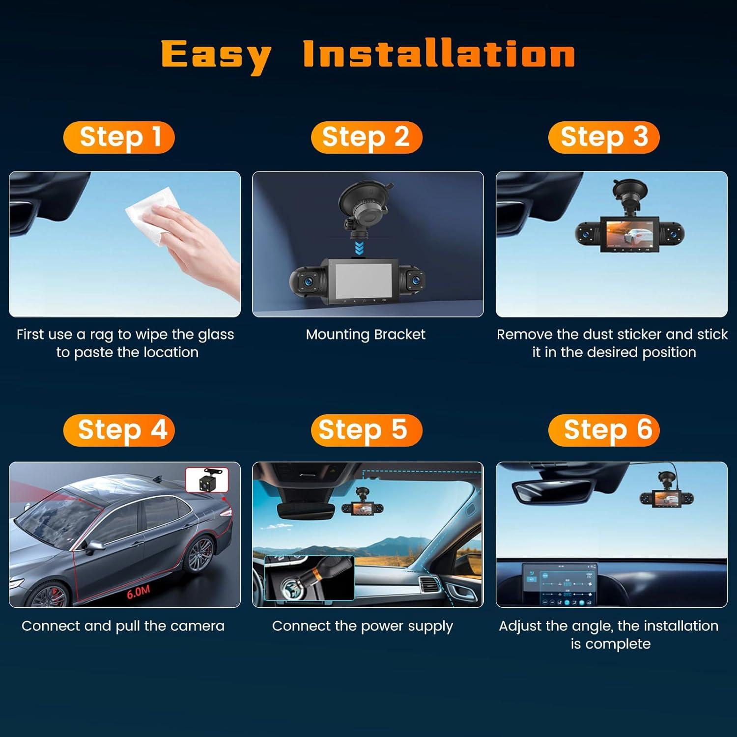 Hikity 360° Dash Cam for car, 4 Channel Front Rear Inside 1080P Camera with 64G Card, DVR Camera Car Recorder with 8 IR Night Vision, Loop Recording, G-Sensor, 24H Parking Monitor