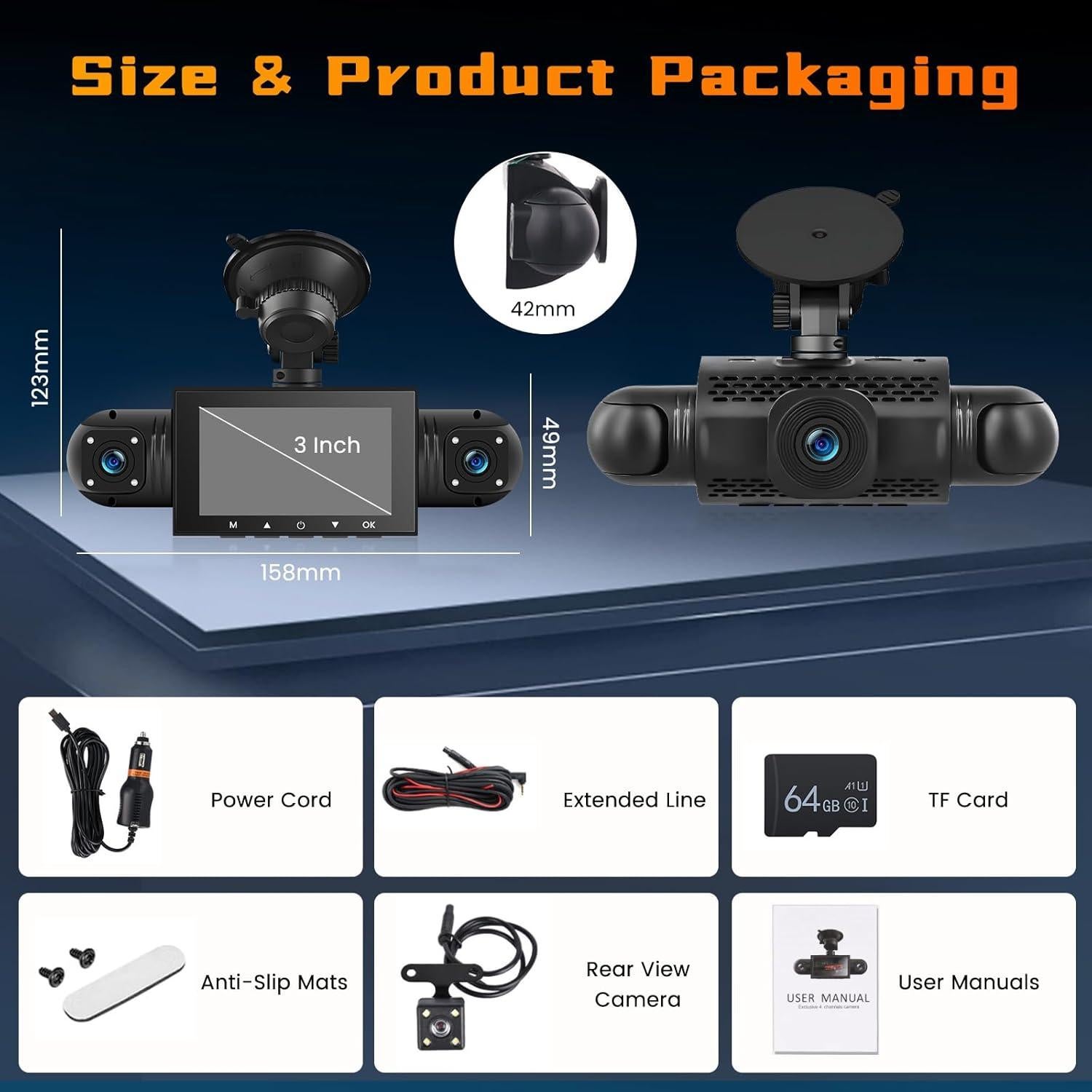 Hikity 360° Dash Cam for car, 4 Channel Front Rear Inside 1080P Camera with 64G Card, DVR Camera Car Recorder with 8 IR Night Vision, Loop Recording, G-Sensor, 24H Parking Monitor