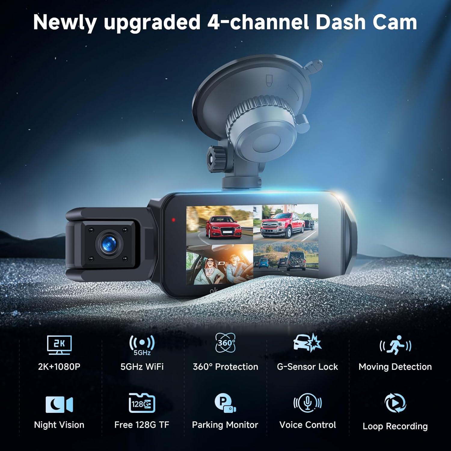 2K 360 Degree View 4 Channel Dash Cam Front and Rear Inside Left Right,【2560*1440P】IPS Dash Camera for Cars,Built-in GPS WiFi Night Vision, 24/7 Recording Parking Mode Monitor,Free 128G DVR,G-Sensor