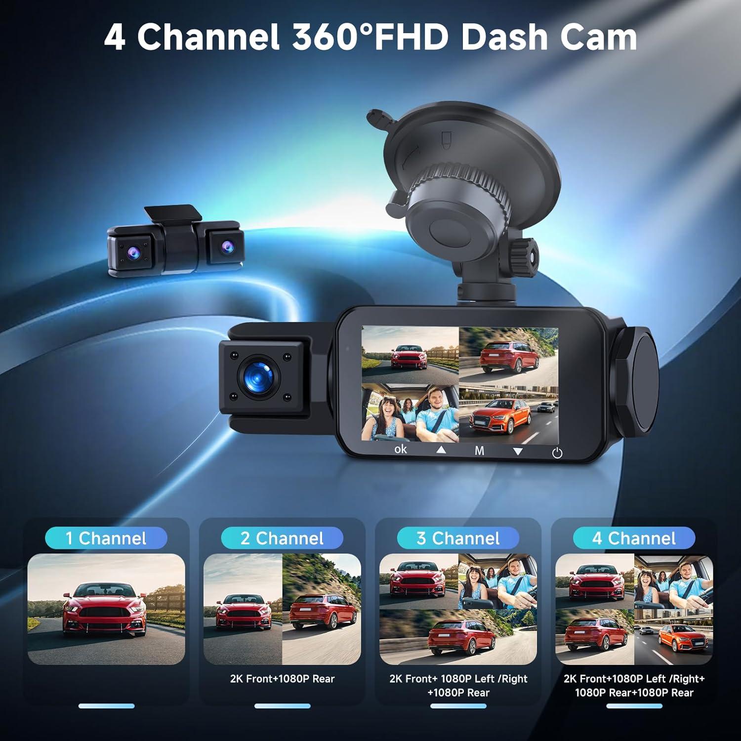 2K 360 Degree View 4 Channel Dash Cam Front and Rear Inside Left Right,【2560*1440P】IPS Dash Camera for Cars,Built-in GPS WiFi Night Vision, 24/7 Recording Parking Mode Monitor,Free 128G DVR,G-Sensor