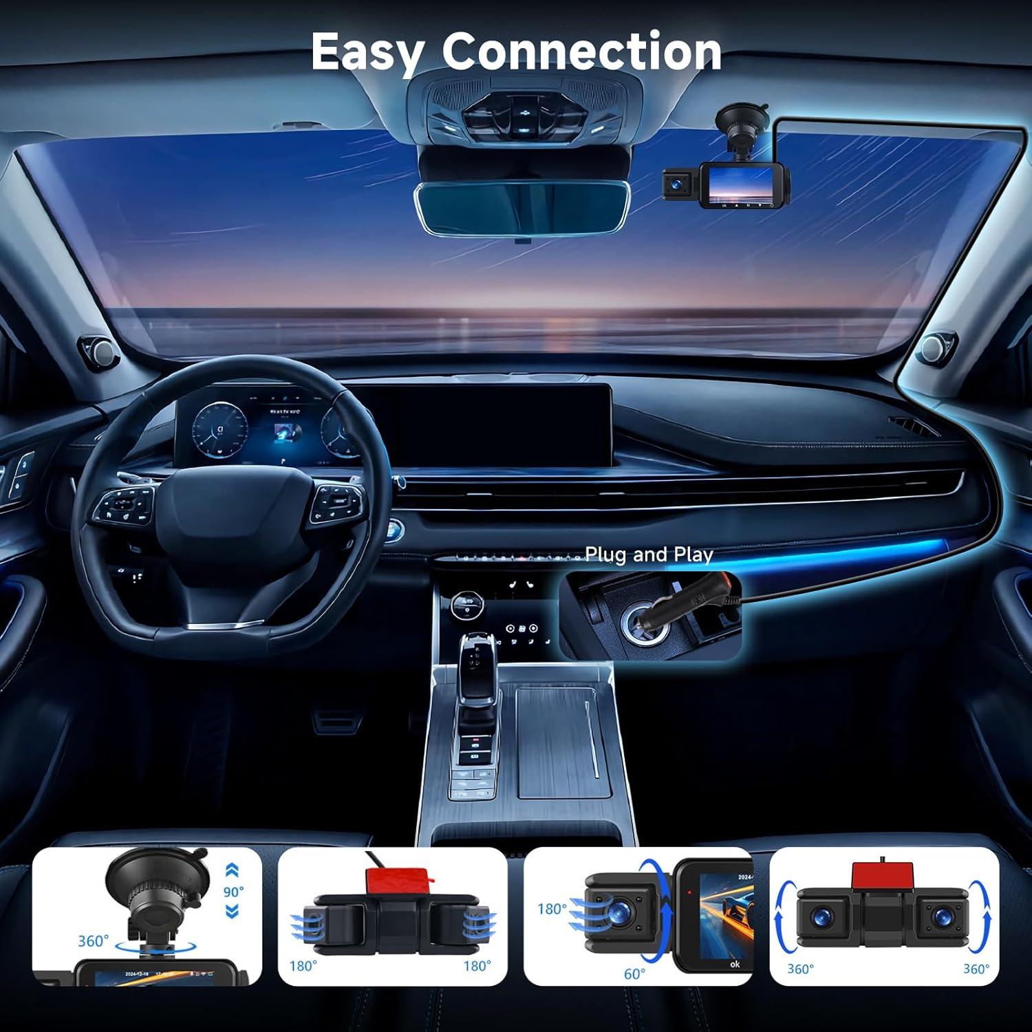 2K 360 Degree View 4 Channel Dash Cam Front and Rear Inside Left Right,【2560*1440P】IPS Dash Camera for Cars,Built-in GPS WiFi Night Vision, 24/7 Recording Parking Mode Monitor,Free 128G DVR,G-Sensor