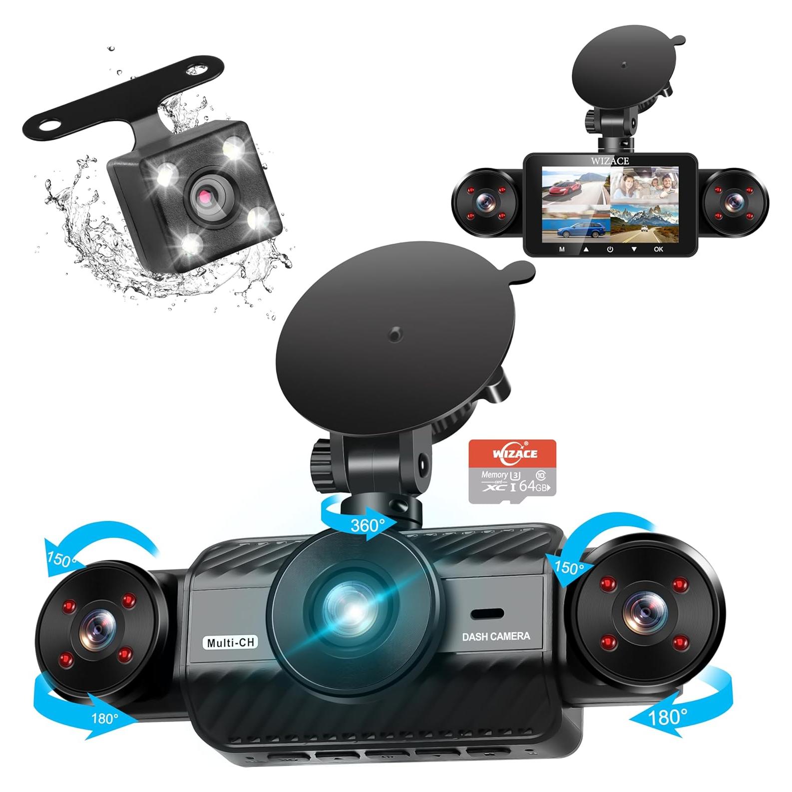 4 Channel Dash Cam 360° View, WIZACE 2K Front and Rear Inside, Left Right Dash Camera for Cars, Multi-Ch FHD 8 IR Lamps Night Vision, Free 64GB SD Card, G-Sensor, HDR, 24H Parking Mode
