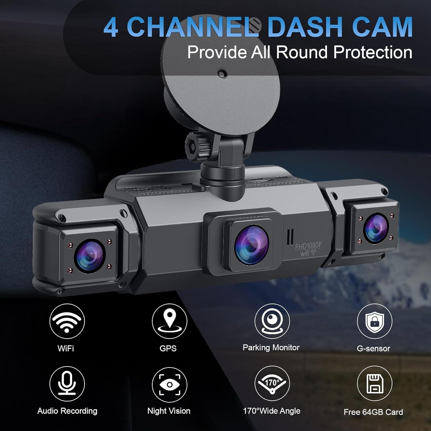 Cámara Dash 360 AFYWO 4 Canales 1080P FHD GPS WiFi
