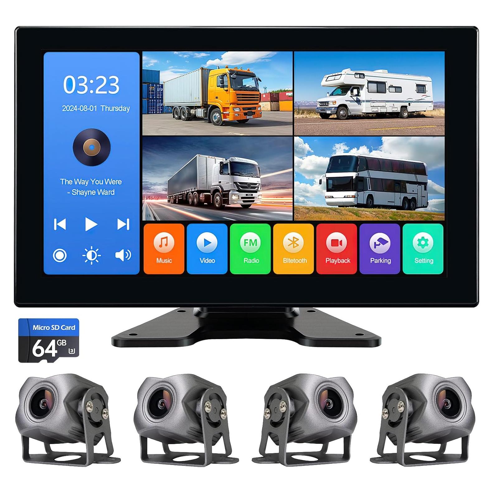 4 Channel 1080p Backup Camera Dash Cam for RV/Truck/Trailer/Van/SUV/Cars,10.2 Inch Touch Screen Quad Split Parking Monitor with DVR Recording/Playback/Bluetooth/FM Radio/Music/Video Player