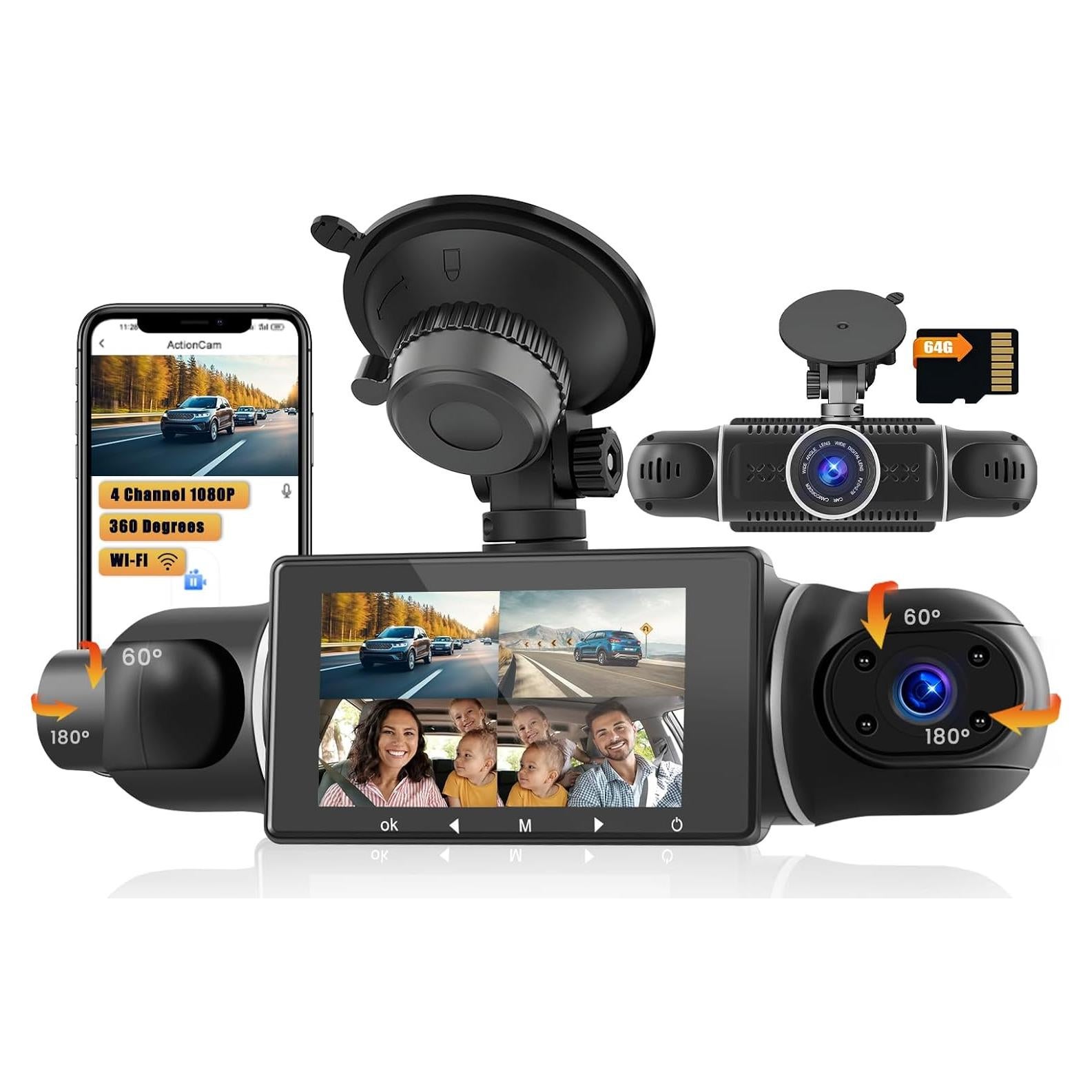 Cámara de tablero Hikity 360° 4 canales 1080P WiFi con 64GB