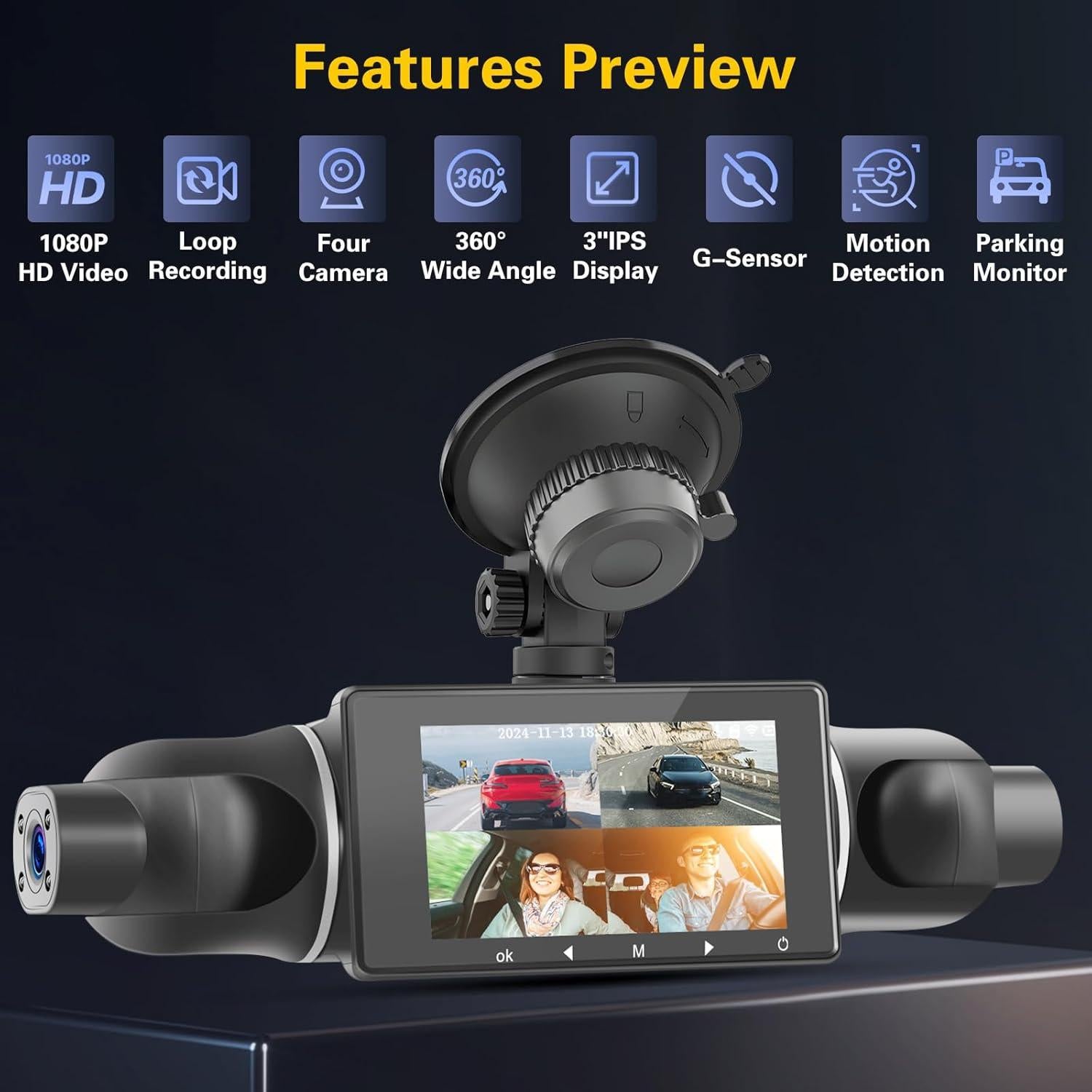 Cámara de tablero Hikity 360° 4 canales 1080P WiFi con 64GB