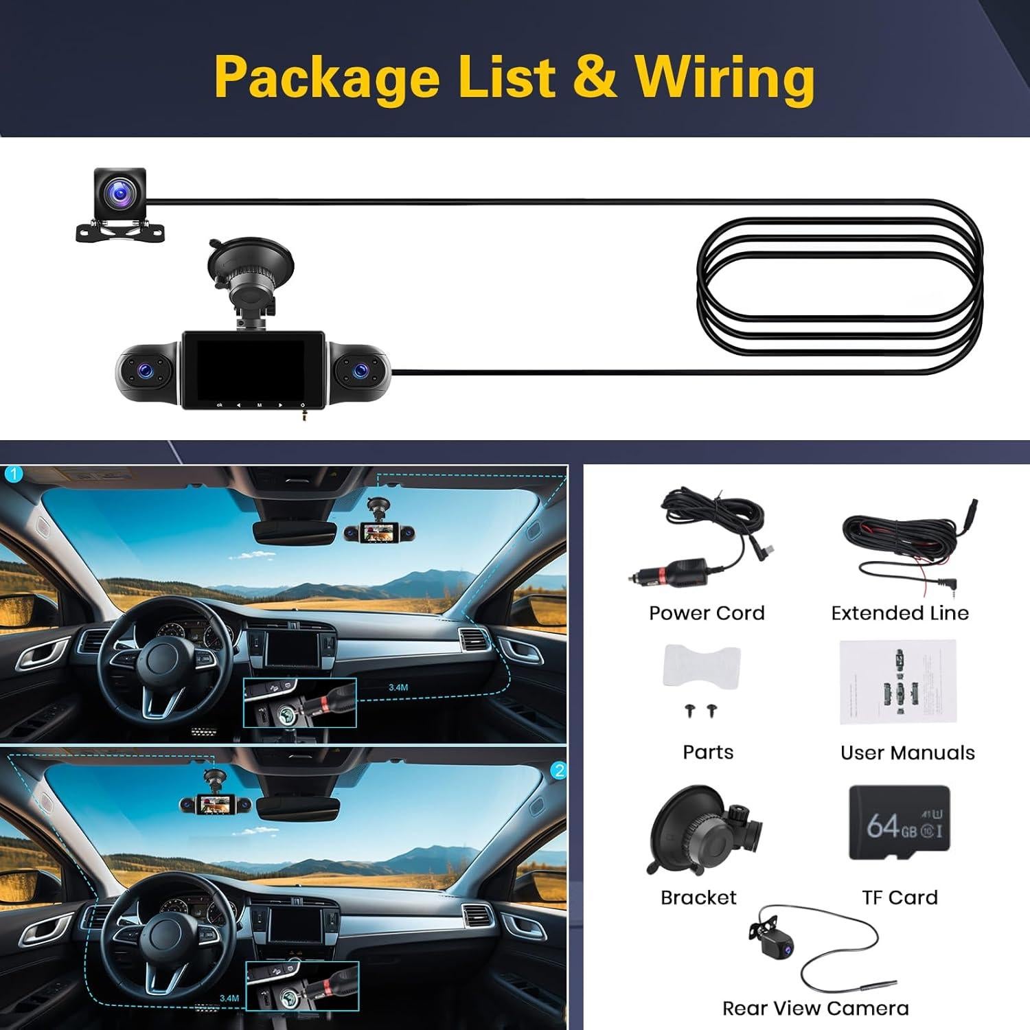 Cámara de tablero Hikity 360° 4 canales 1080P WiFi con 64GB