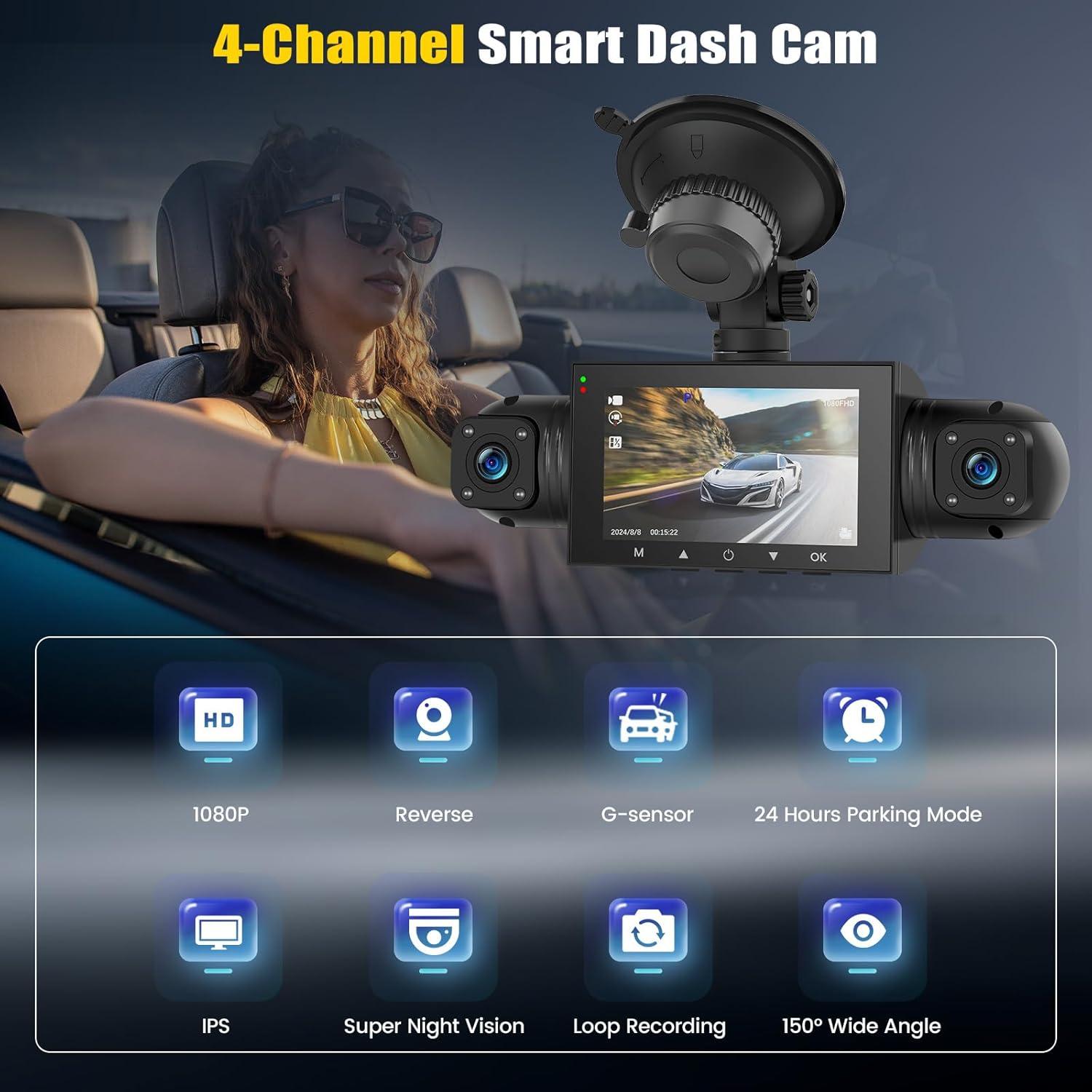 Cámara Dash 4 Canales AMprime 1080P con Visión Nocturna