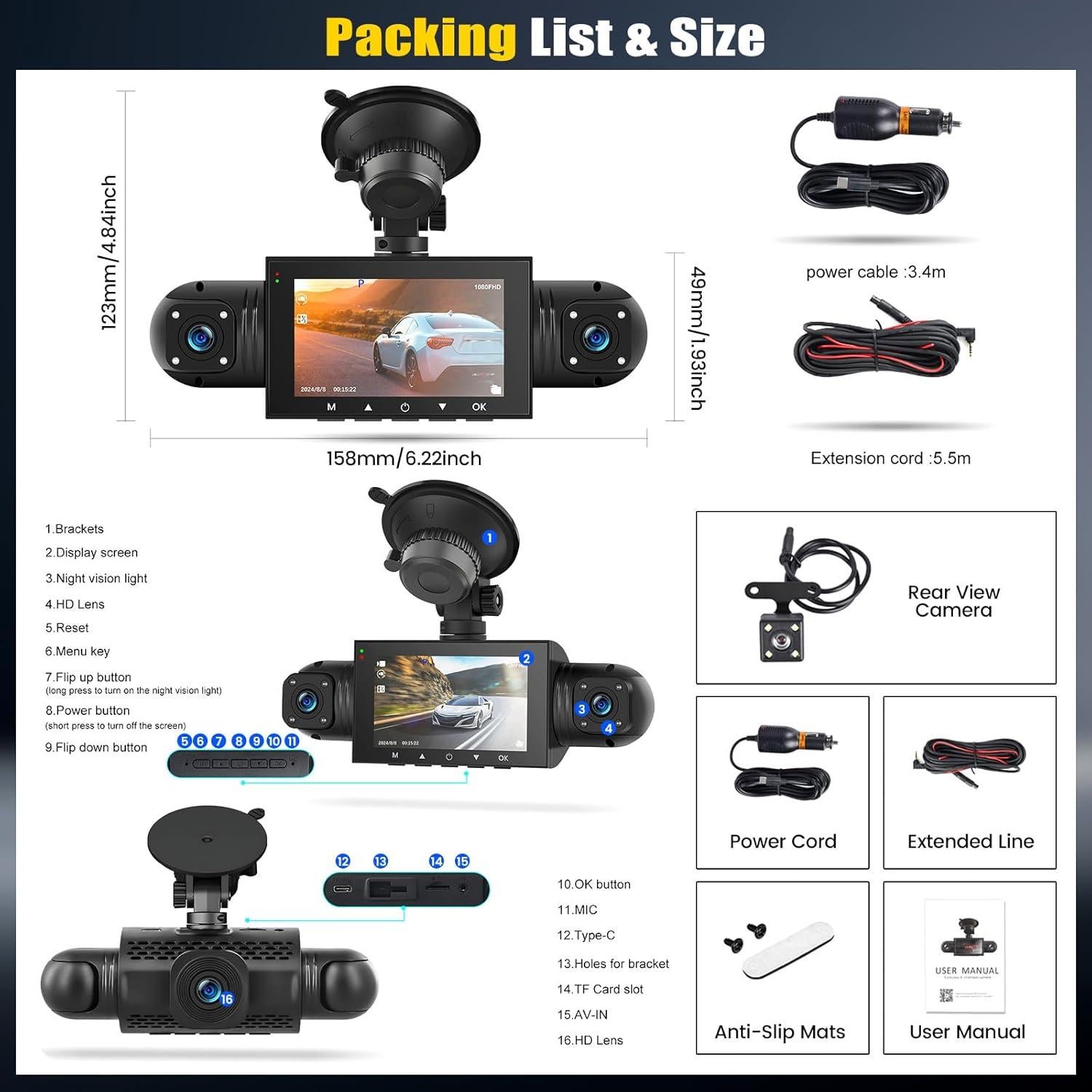 Cámara Dash 4 Canales AMprime 1080P con Visión Nocturna