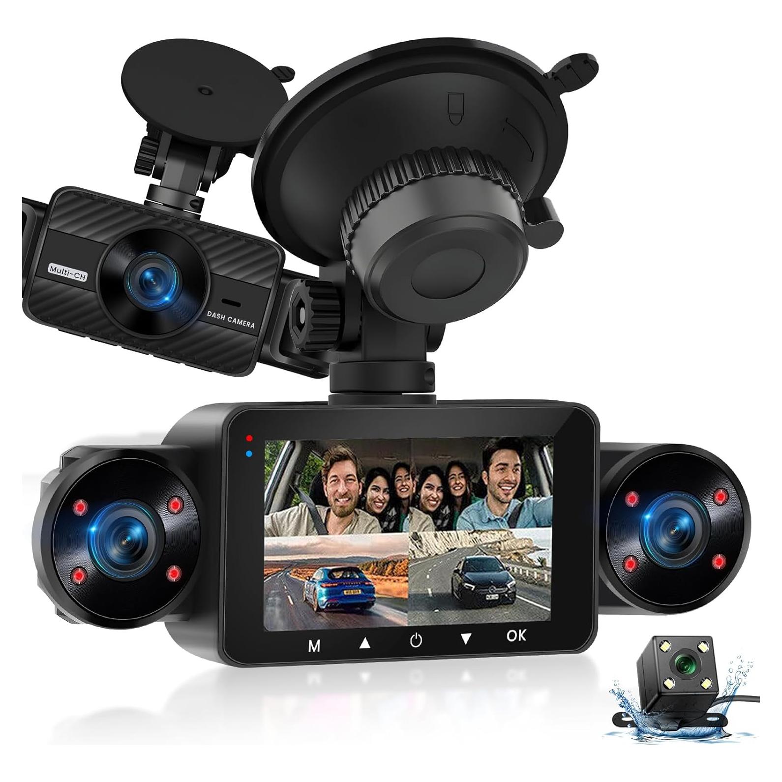 NHOPEEW Dash Cam Front and Rear Inside, 4 Channel Dash Cam 3" IPS Screen Front and Back with 8 IR Night Vision Lights, Loop Recording, 24 Hours Recording, G-Sensor, Reverse Help