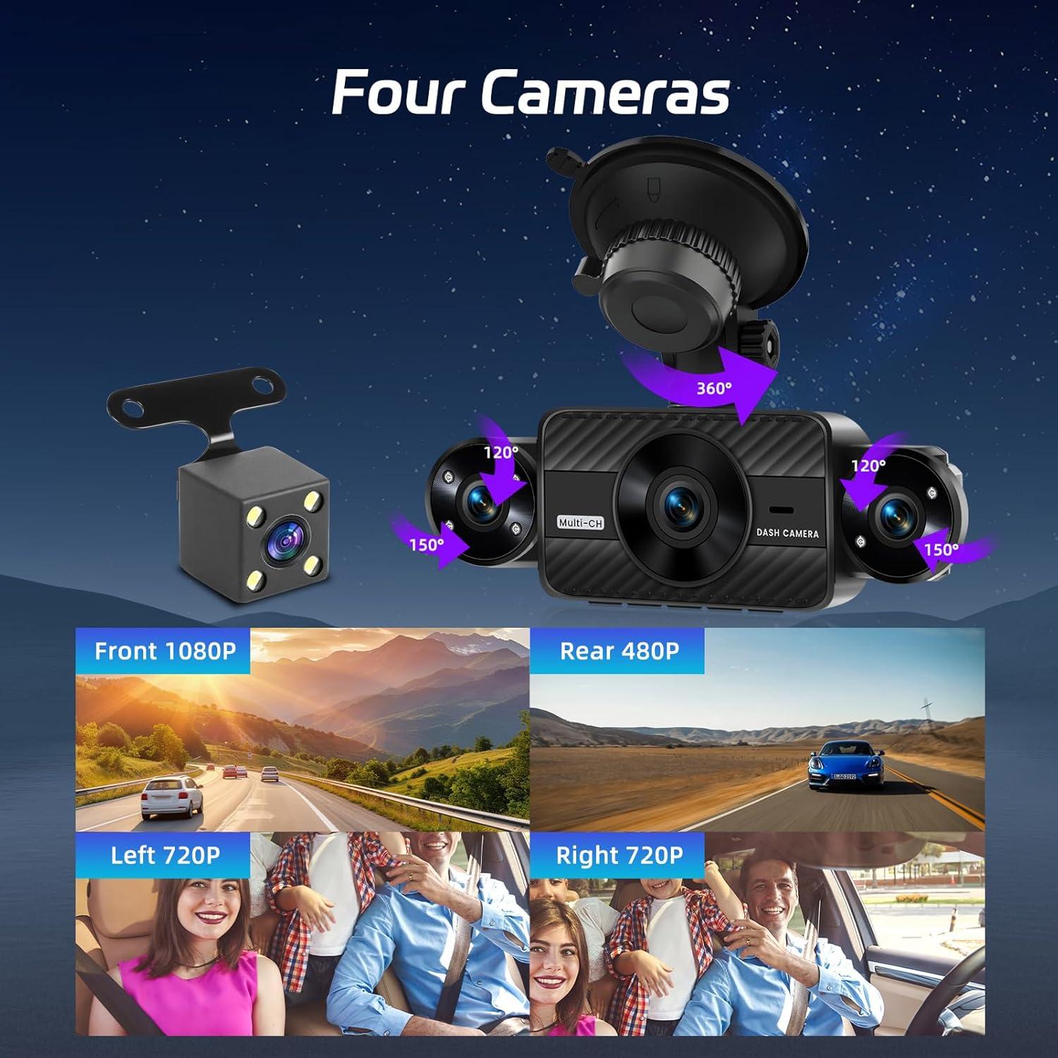 NHOPEEW Dash Cam Front and Rear Inside, 4 Channel Dash Cam 3" IPS Screen Front and Back with 8 IR Night Vision Lights, Loop Recording, 24 Hours Recording, G-Sensor, Reverse Help