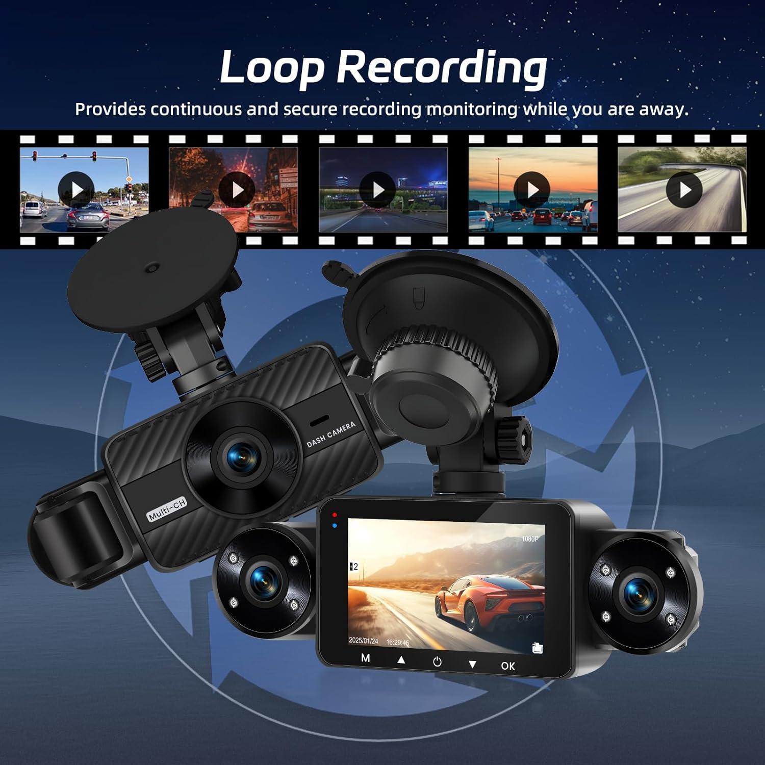 NHOPEEW Dash Cam Front and Rear Inside, 4 Channel Dash Cam 3" IPS Screen Front and Back with 8 IR Night Vision Lights, Loop Recording, 24 Hours Recording, G-Sensor, Reverse Help