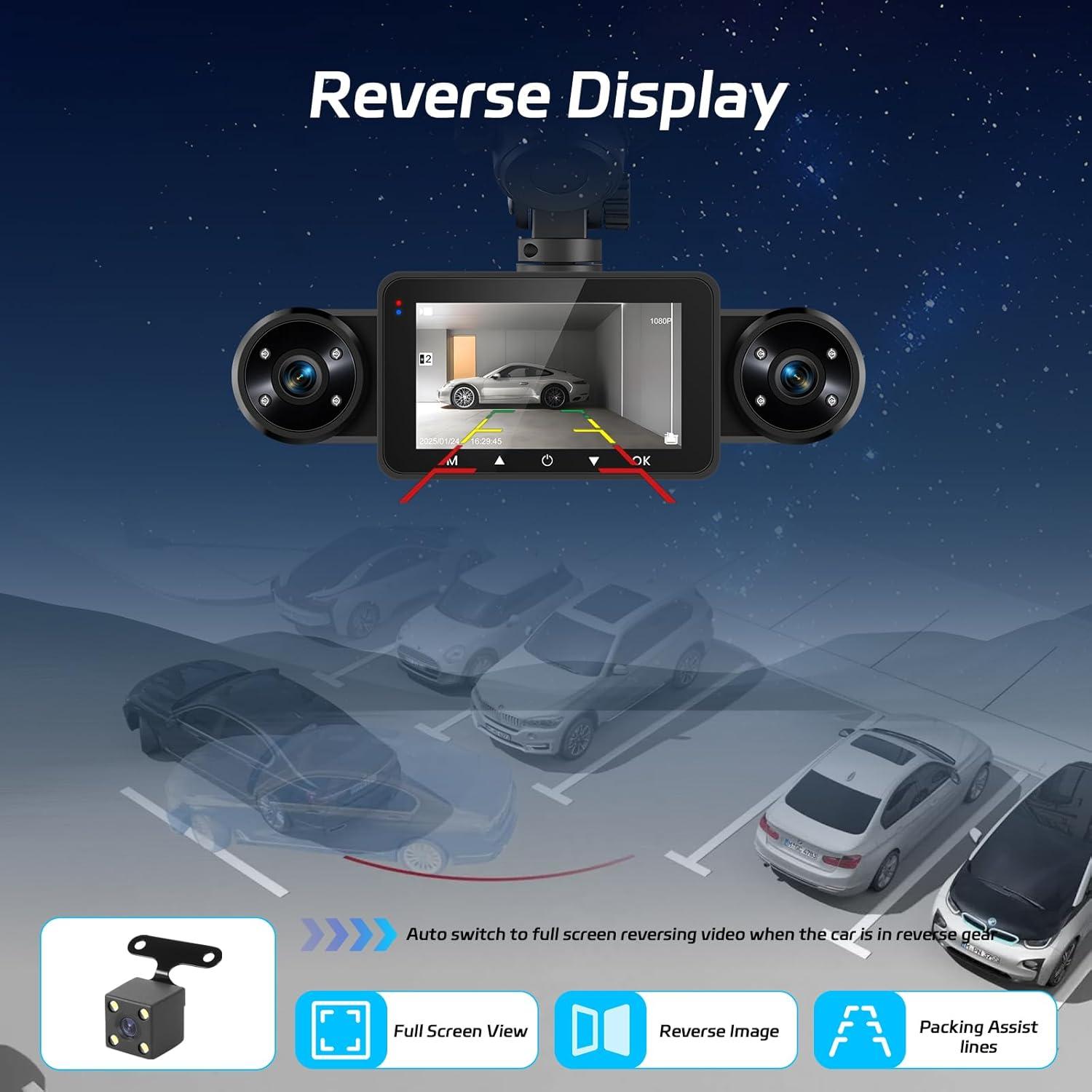 NHOPEEW Dash Cam Front and Rear Inside, 4 Channel Dash Cam 3" IPS Screen Front and Back with 8 IR Night Vision Lights, Loop Recording, 24 Hours Recording, G-Sensor, Reverse Help