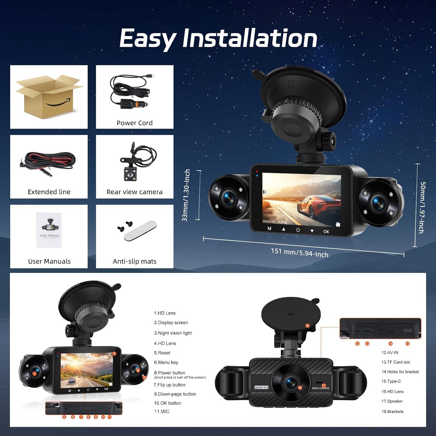 NHOPEEW Dash Cam Front and Rear Inside, 4 Channel Dash Cam 3" IPS Screen Front and Back with 8 IR Night Vision Lights, Loop Recording, 24 Hours Recording, G-Sensor, Reverse Help