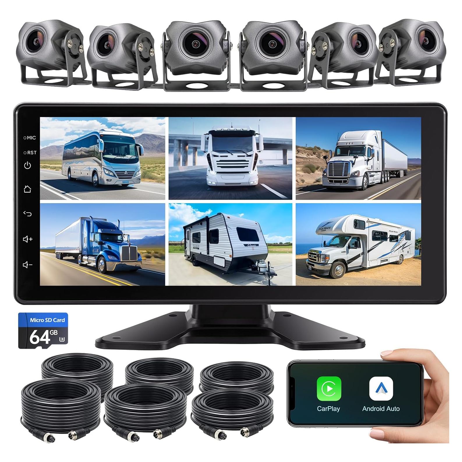 6-Channel Dash Cam 1080P Backup Camera System with 10.33 Inch Touch Parking Monitor,DVR Recording Back Up Camera for RV/Truck/Trailer/Van/SUV/Cars,Wireless Carplay/Android Auto/WiFi/Bluetooth/FM Radio