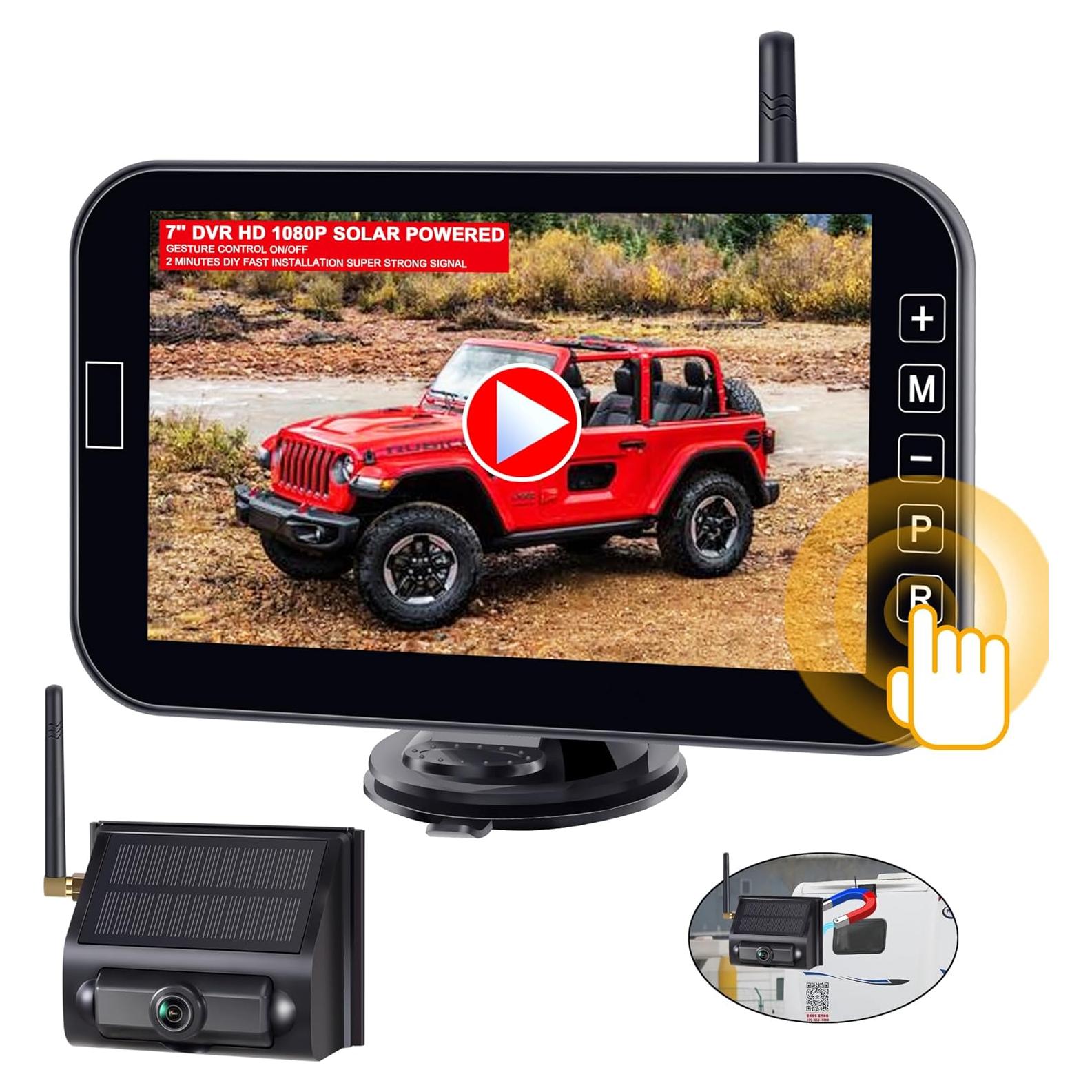 YIMU Solar Magnetic Wireless Backup Camera for Truck Trailer, 7” DVR Portable, 2-Min Easy Install, Scratch-Proof, No Delay,Gesture ON-Off HD Rear View Camera Rechargeable for RV Backup Camera YM702