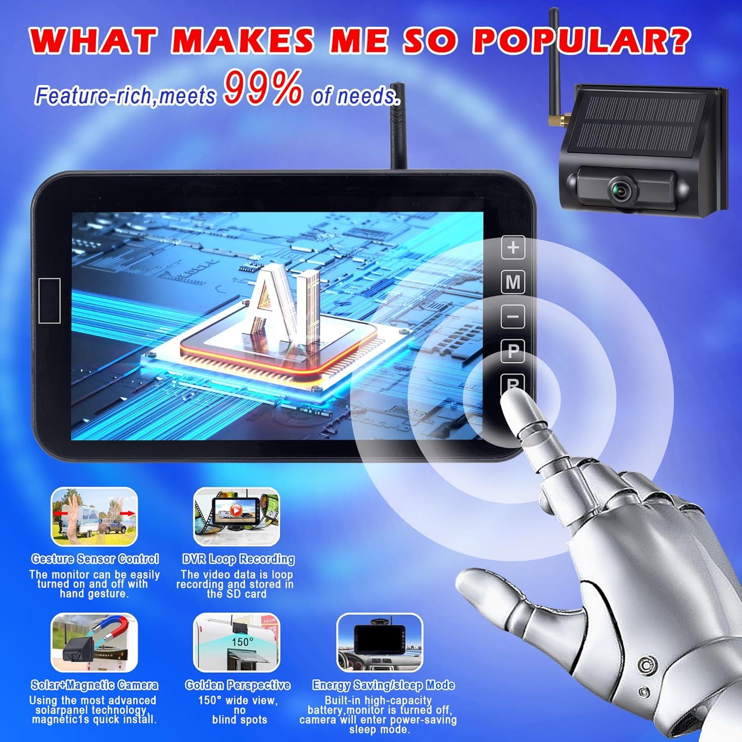 YIMU Solar Magnetic Wireless Backup Camera for Truck Trailer, 7” DVR Portable, 2-Min Easy Install, Scratch-Proof, No Delay,Gesture ON-Off HD Rear View Camera Rechargeable for RV Backup Camera YM702