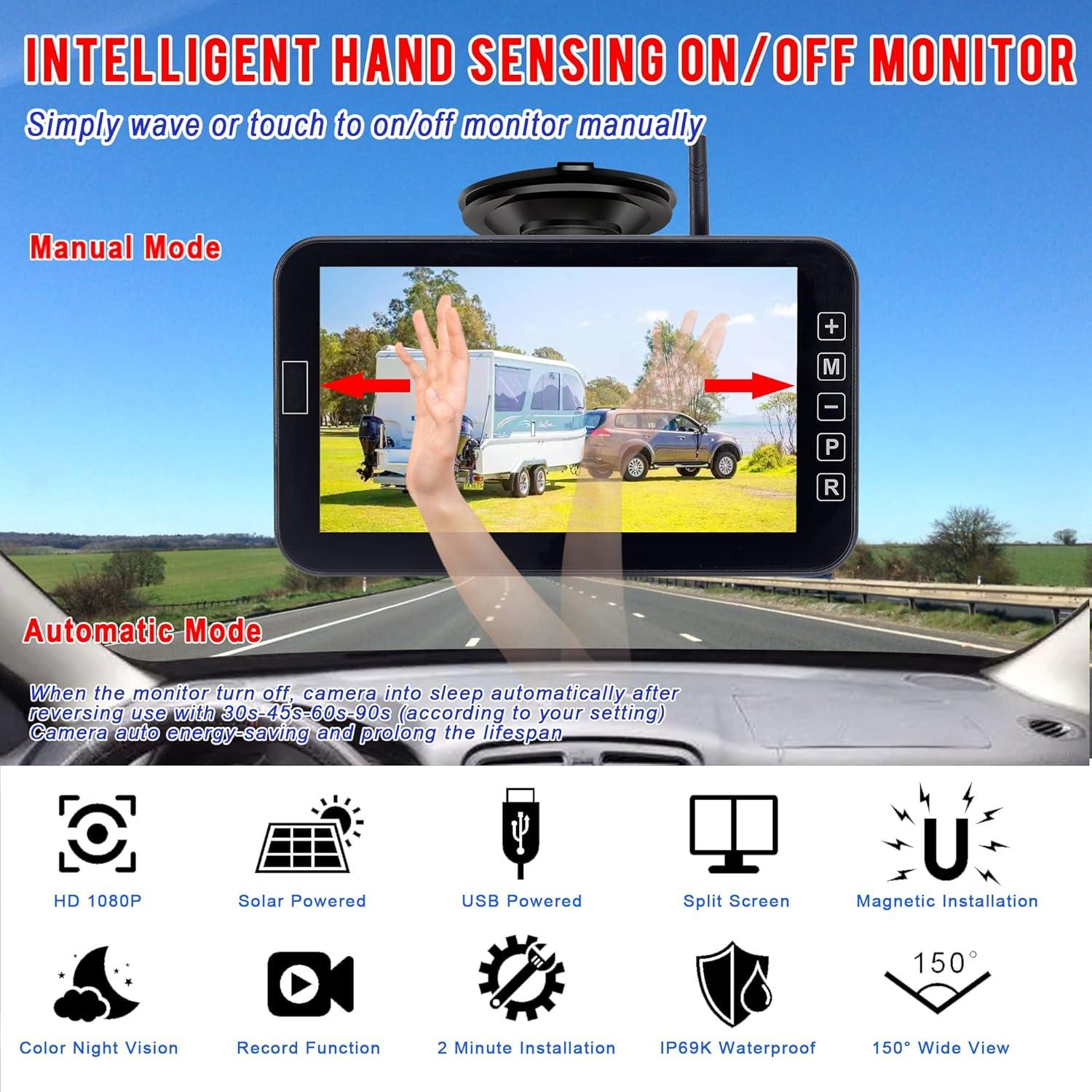 YIMU Solar Magnetic Wireless Backup Camera for Truck Trailer, 7” DVR Portable, 2-Min Easy Install, Scratch-Proof, No Delay,Gesture ON-Off HD Rear View Camera Rechargeable for RV Backup Camera YM702