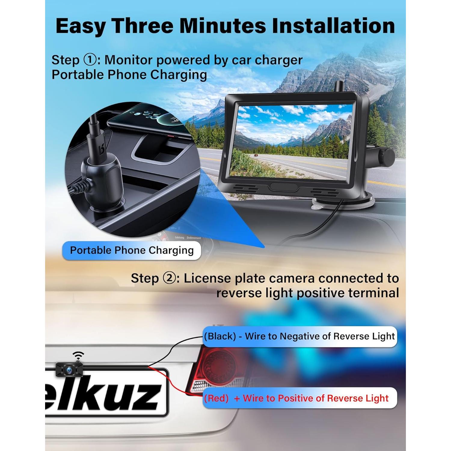 Cámara de Respaldo Inalámbrica Jelkuz 5" 1080P HD Visión Nocturna