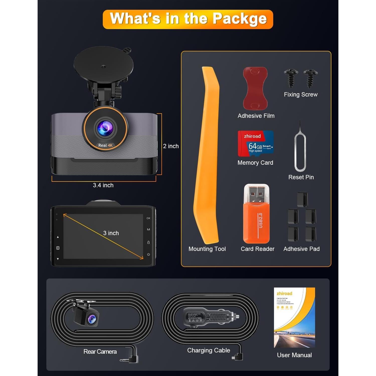 Cámara Dash 4K Delantera y Trasera Zhiroad con WiFi y G-Sensor