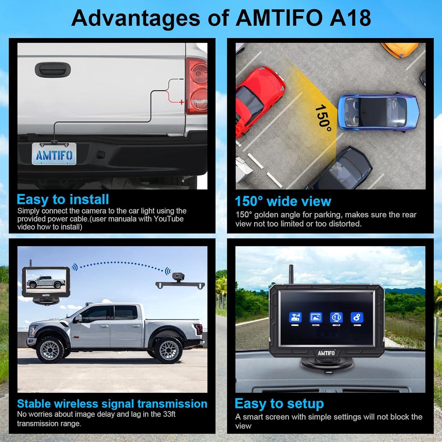 Cámara de Respaldo Inalámbrica AMTIFO A18 HD 1080P 4.3"