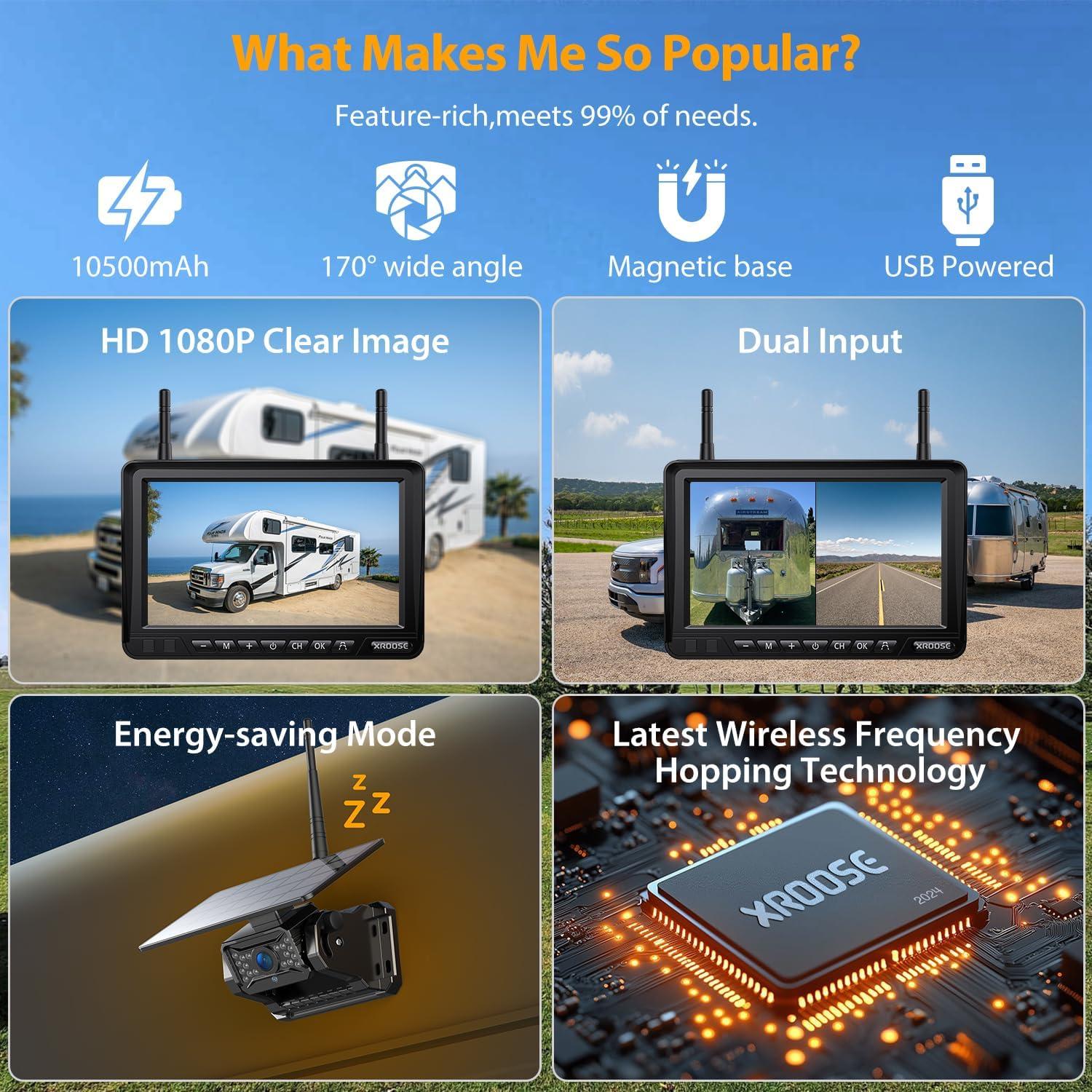 Cámara de Respaldo Inalámbrica Solar Xroose 7" HD 1080P