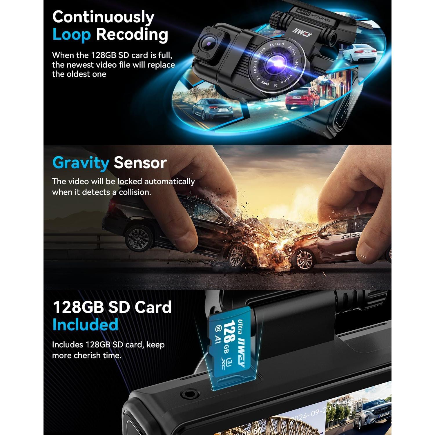 Cámara de Salpicadero iiwey N7 3 Canales 3K+1080P con SD 128GB