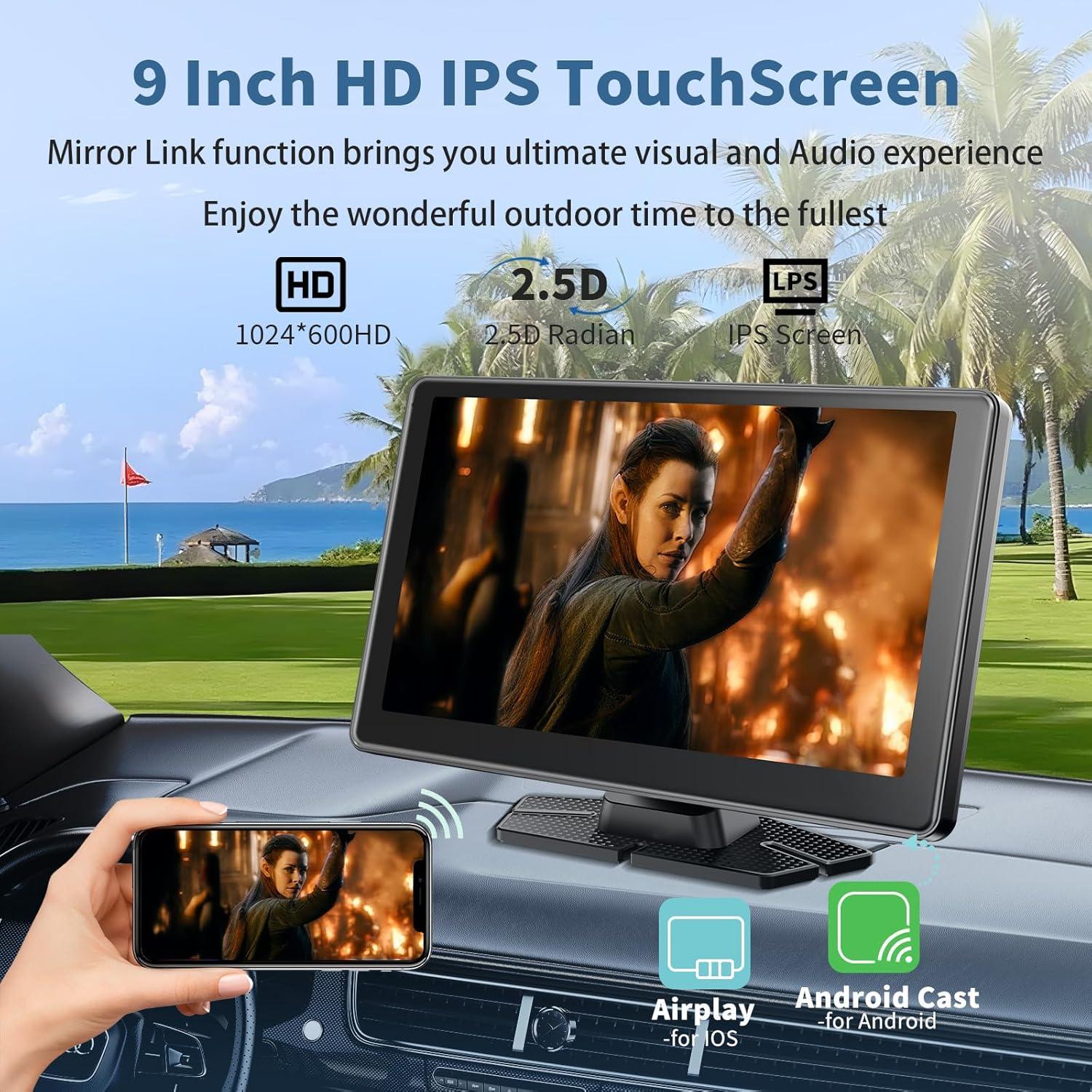 Pantalla Portátil Inalámbrica Leadtree 9" HD Carplay y Android Auto