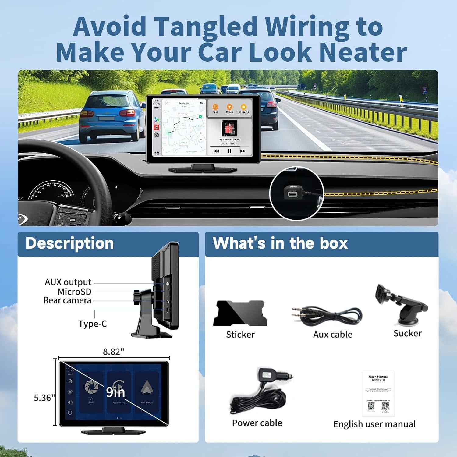 Pantalla Portátil Inalámbrica Leadtree 9" HD Carplay y Android Auto