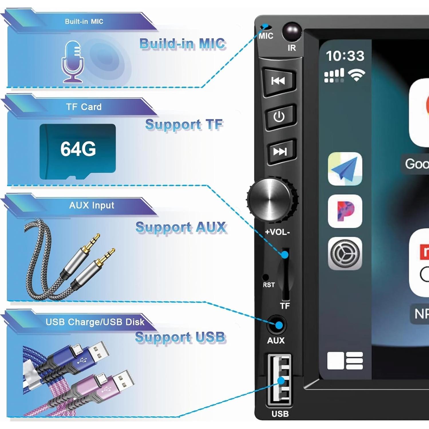 Estéreo Doble Din Durxenmnt 7" HD Bluetooth 5.1 CarPlay Android Auto