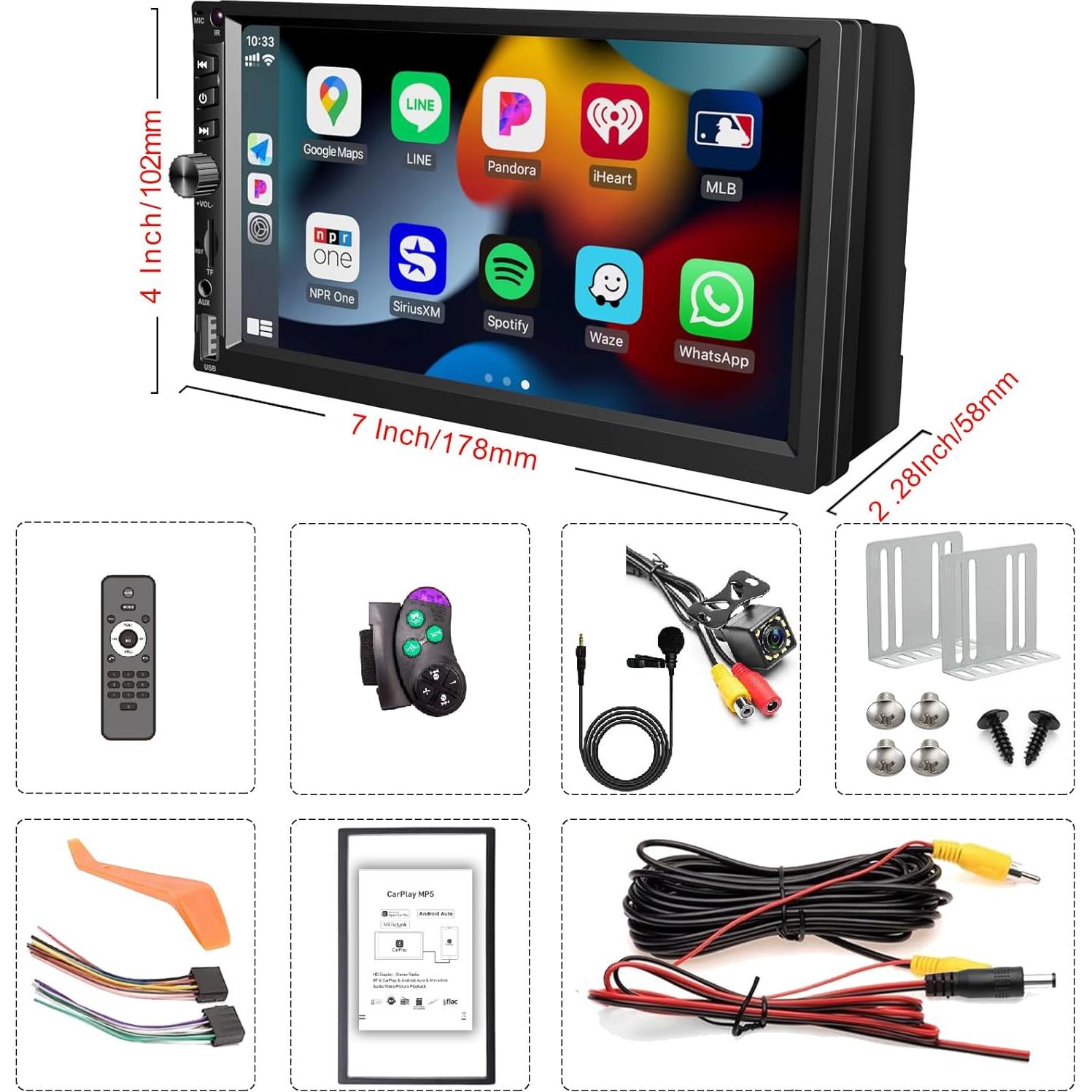 Estéreo Doble Din Durxenmnt 7" HD Bluetooth 5.1 CarPlay Android Auto