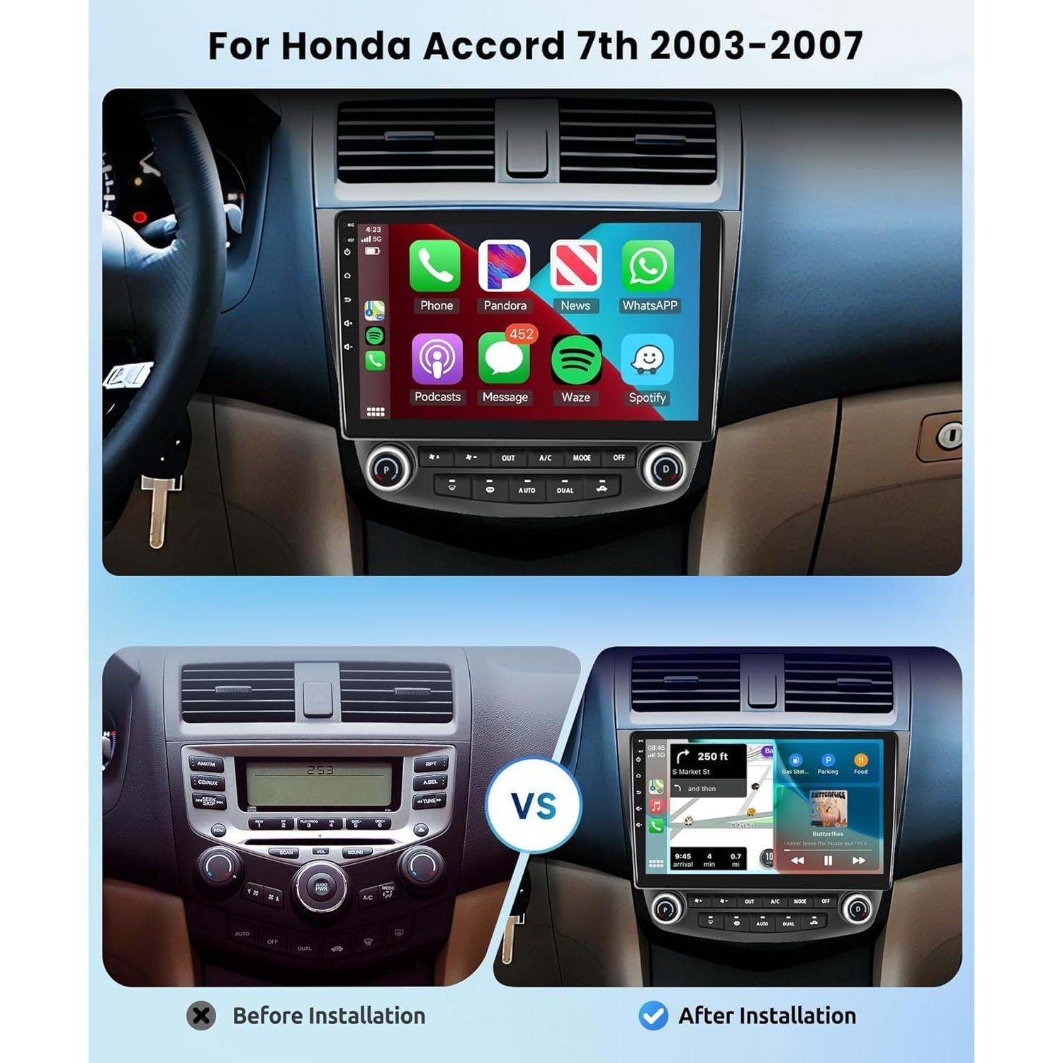 for Honda Accord 7th 2003-2007 Android Car Radio Stereo with Wireless Carplay/Android Auto 10.1" Touchscreen WiFi GPS Navigation Backup Camera DSP Bluetooth FM/RDS SWC 2G+64G