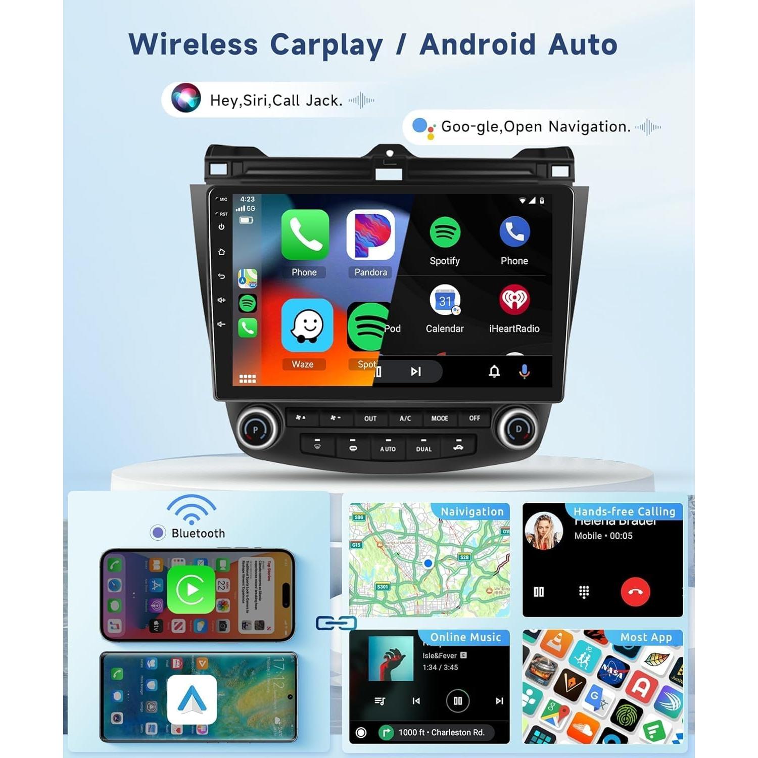 for Honda Accord 7th 2003-2007 Android Car Radio Stereo with Wireless Carplay/Android Auto 10.1" Touchscreen WiFi GPS Navigation Backup Camera DSP Bluetooth FM/RDS SWC 2G+64G