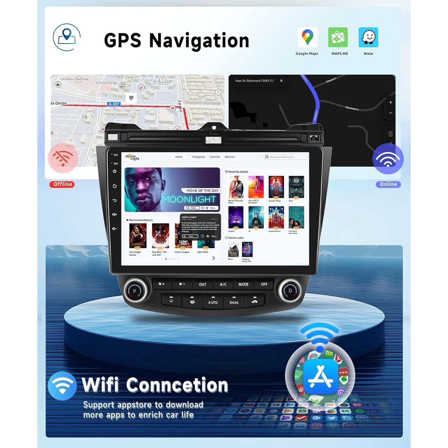 for Honda Accord 7th 2003-2007 Android Car Radio Stereo with Wireless Carplay/Android Auto 10.1" Touchscreen WiFi GPS Navigation Backup Camera DSP Bluetooth FM/RDS SWC 2G+64G