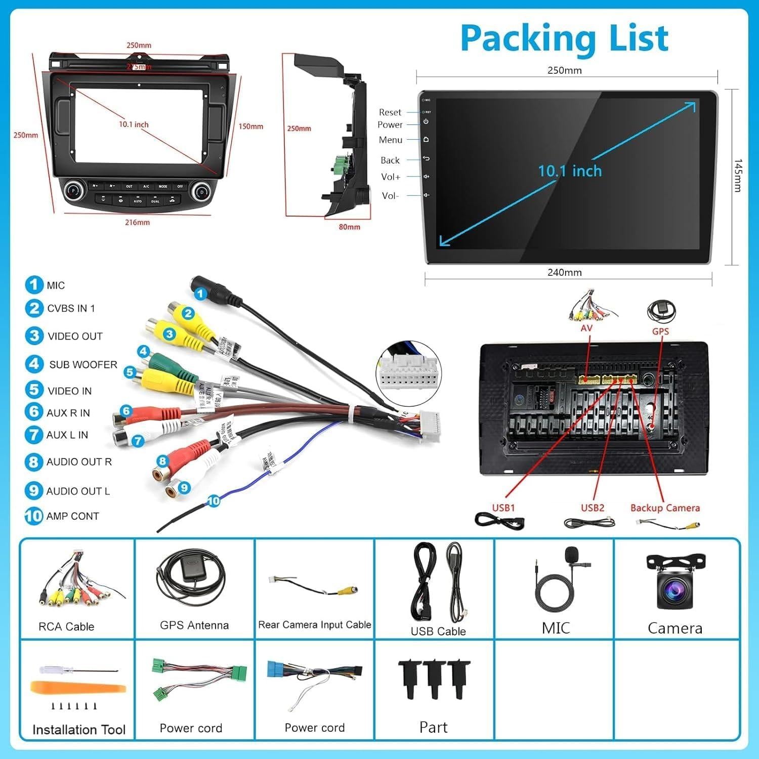 for Honda Accord 7th 2003-2007 Android Car Radio Stereo with Wireless Carplay/Android Auto 10.1" Touchscreen WiFi GPS Navigation Backup Camera DSP Bluetooth FM/RDS SWC 2G+64G