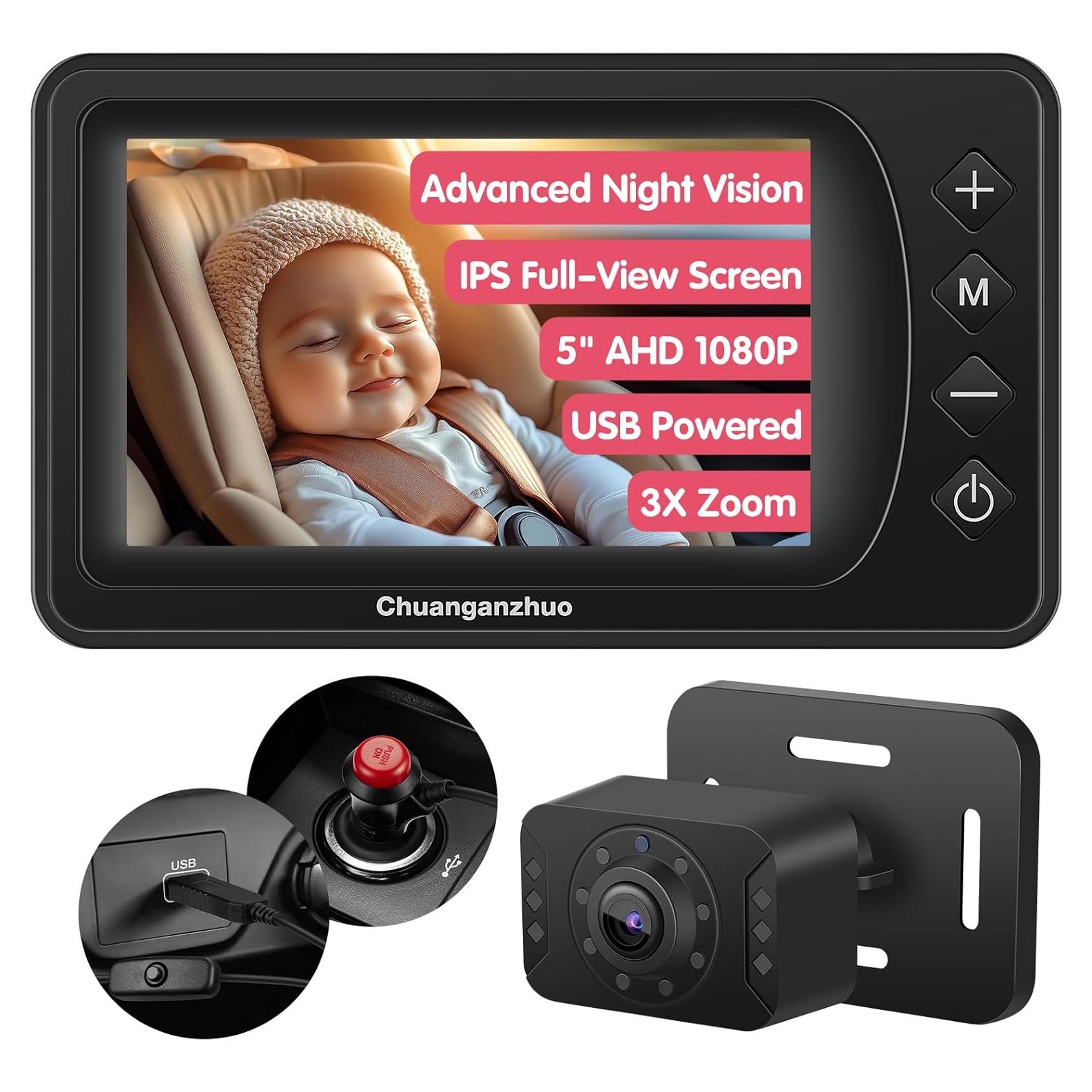 5'' Baby Car Camera with NO.1 Night Vision, USB Powered, Mirror/Normal Mode, 1080P IPS Crystal-Clear Car Baby Monitor With Brightness Setting & 3X Zoom, infant Backseat Camera, S100U, 5inch Black