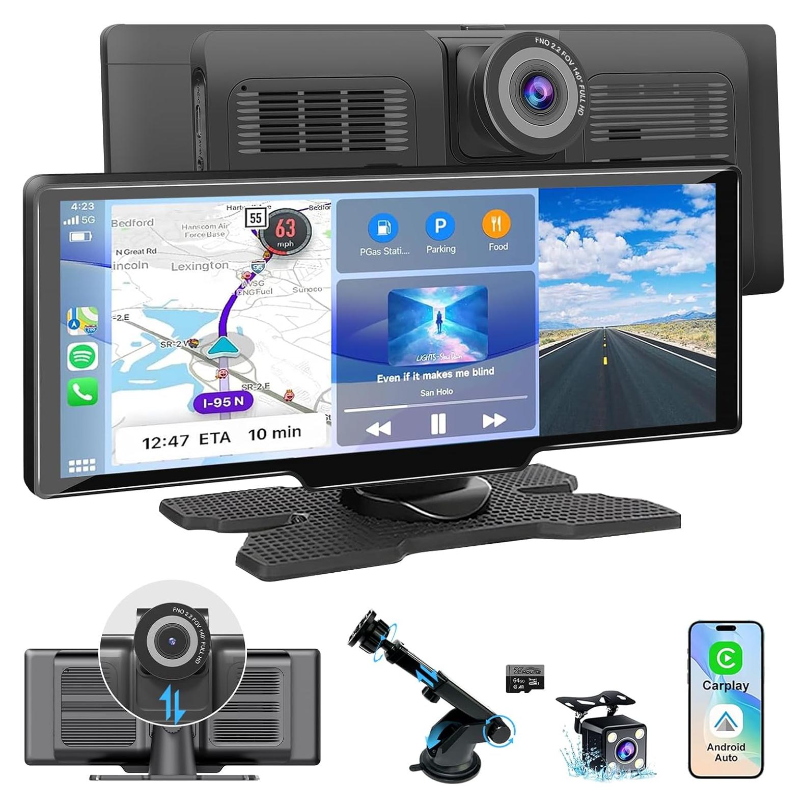 HK3 Carplay Screen for Car, 10.26’’ Wireless Apple Carplay & Android Auto Screen with 4K Dash Cam, 1080P Backup Camera, Car Play Audio Receivers, GPS Navigation/Mirror Link/Bluetooth/FM/Voice Control