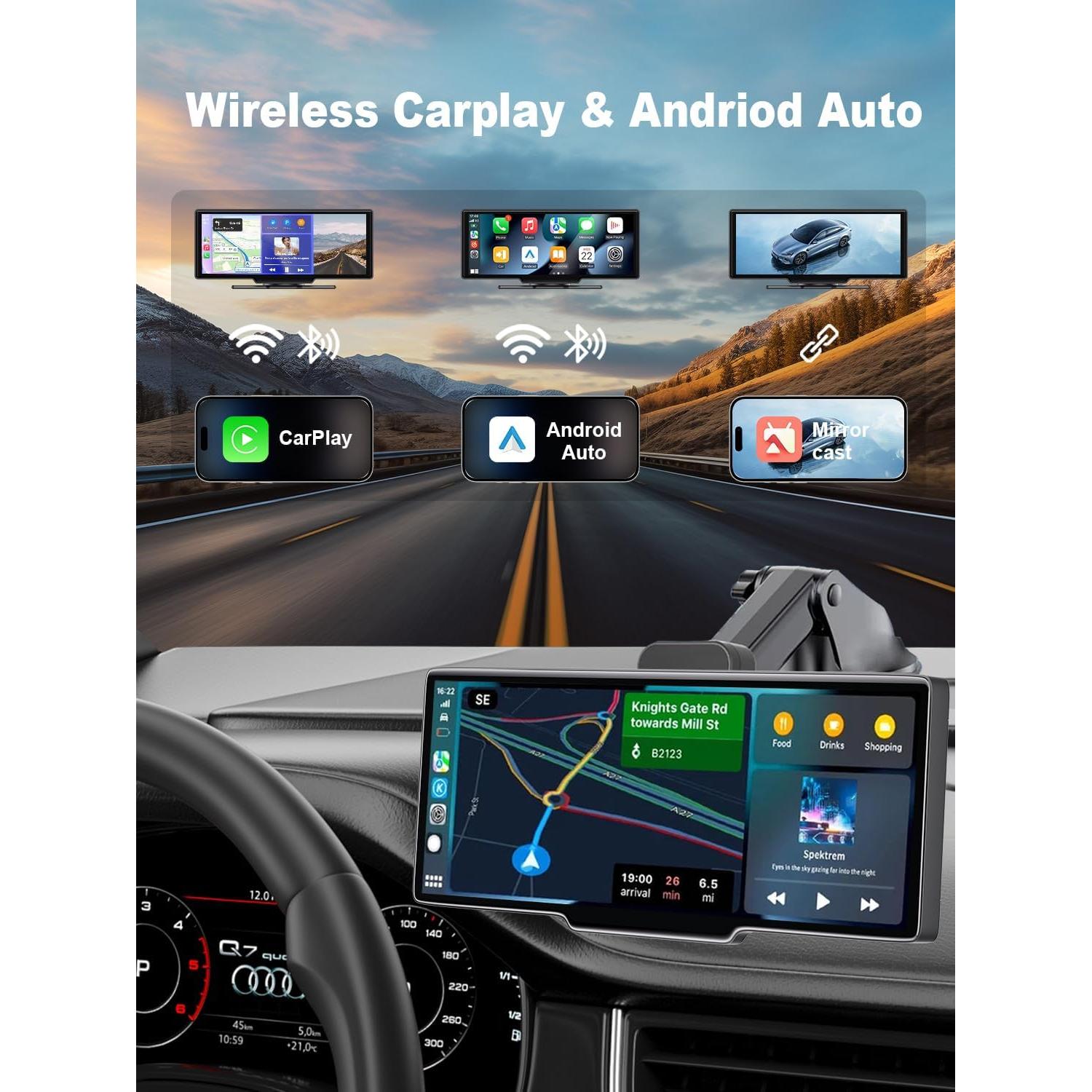 HK3 Carplay Screen for Car, 10.26’’ Wireless Apple Carplay & Android Auto Screen with 4K Dash Cam, 1080P Backup Camera, Car Play Audio Receivers, GPS Navigation/Mirror Link/Bluetooth/FM/Voice Control