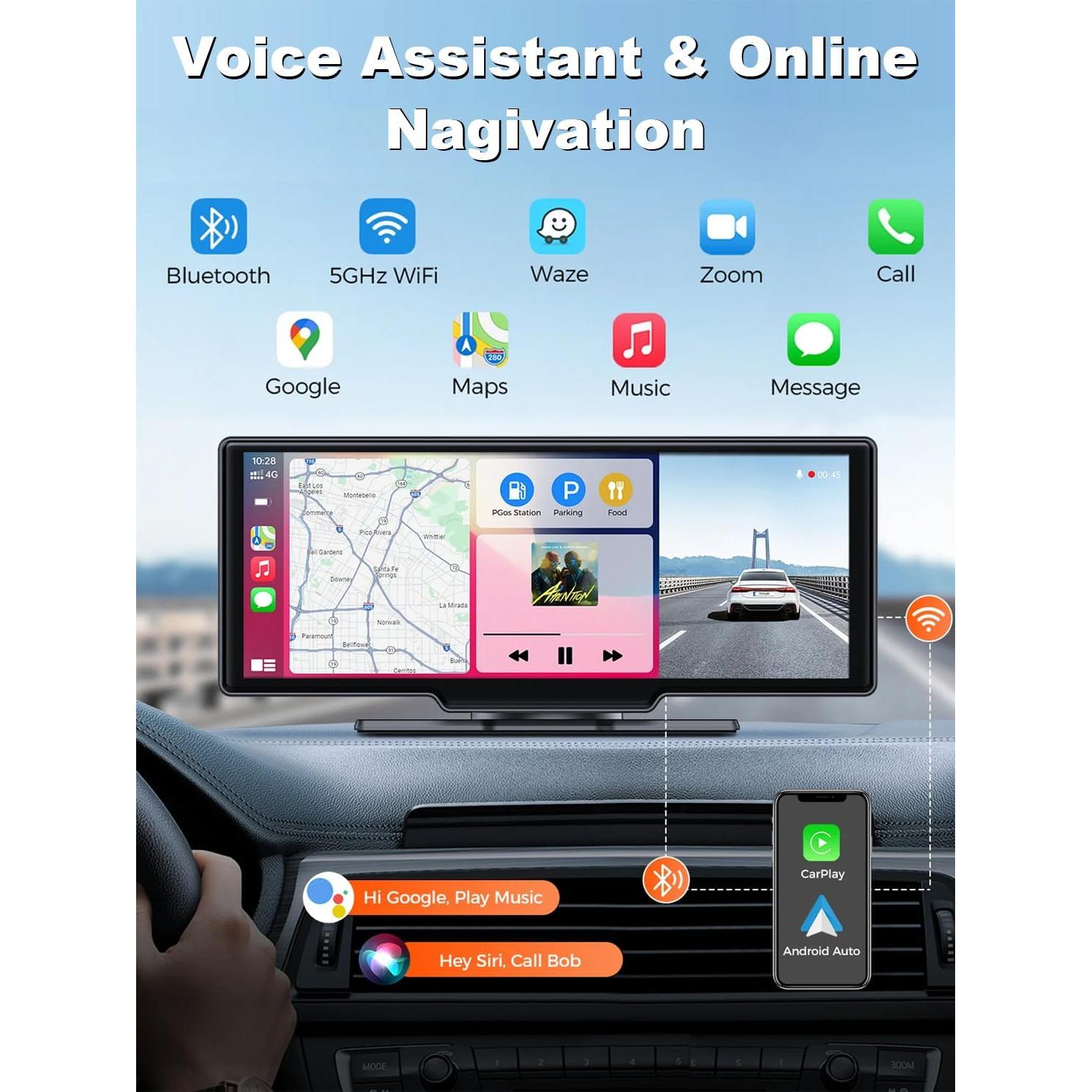HK3 Carplay Screen for Car, 10.26’’ Wireless Apple Carplay & Android Auto Screen with 4K Dash Cam, 1080P Backup Camera, Car Play Audio Receivers, GPS Navigation/Mirror Link/Bluetooth/FM/Voice Control