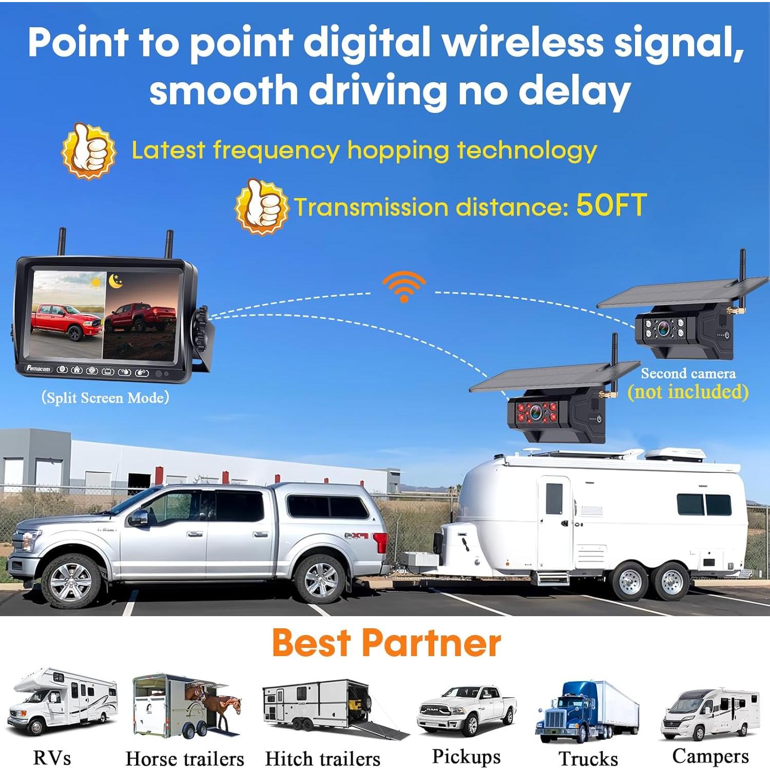 Cámara de Respaldo Inalámbrica Solar HD 1080P 7" - RV y Remolque