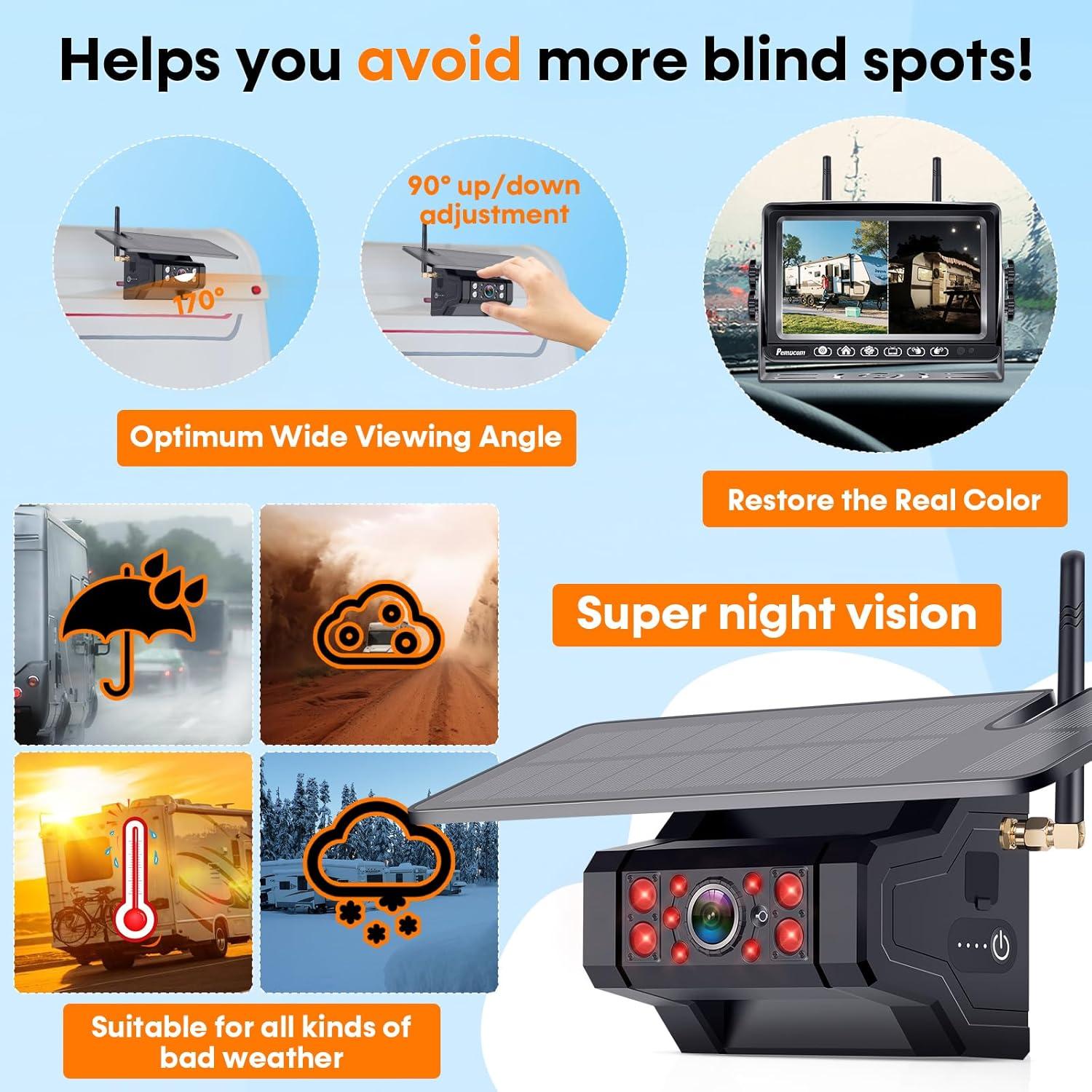 Cámara de Respaldo Inalámbrica Solar HD 1080P 7" - RV y Remolque