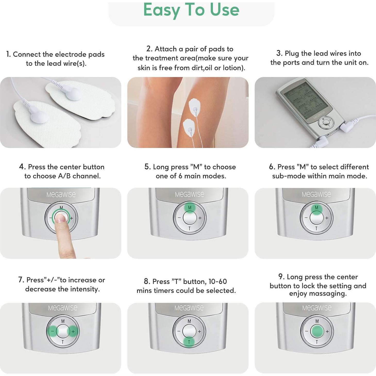 MegaWise Estimulador Muscular TENS 24 Modos 14 Almohadillas