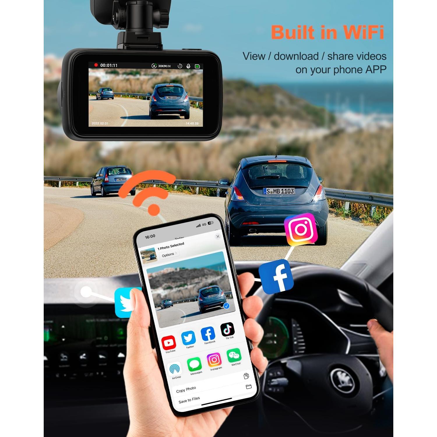 Cámara Dash 4K YEECORE con WiFi y GPS, Pantalla Táctil