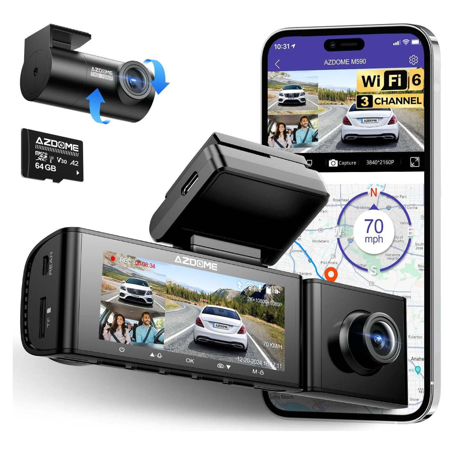 AZDOME 3 Channel WiFi 6 Dash Camera for Cars, 2.5K+1080P+1080P Dash Cam Front and Rear Inside, 64GB Card Included, 3.18" IPS Screen Car Camera with GPS, Parking Mode, IR Night Vision, WDR (M590)