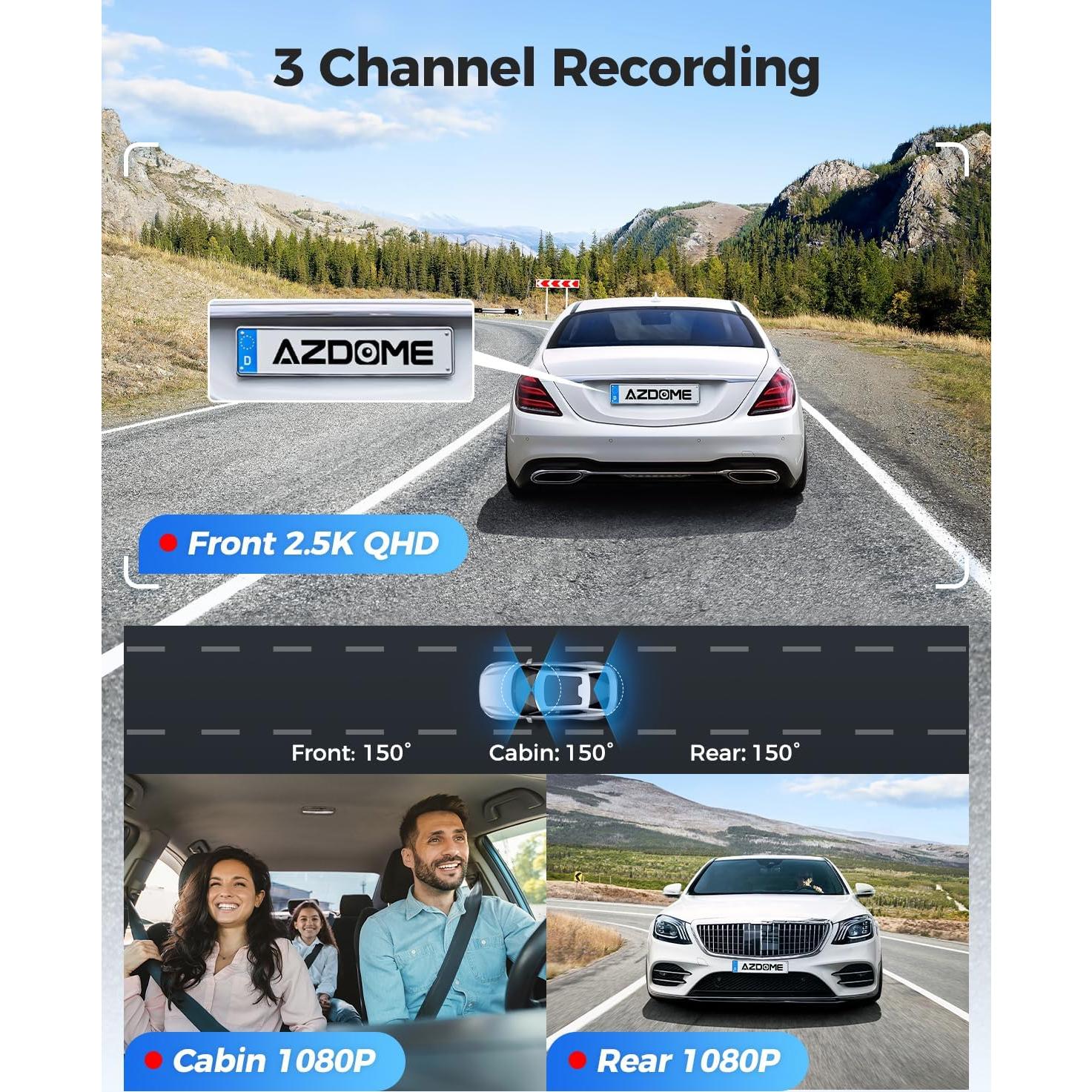 AZDOME 3 Channel WiFi 6 Dash Camera for Cars, 2.5K+1080P+1080P Dash Cam Front and Rear Inside, 64GB Card Included, 3.18" IPS Screen Car Camera with GPS, Parking Mode, IR Night Vision, WDR (M590)