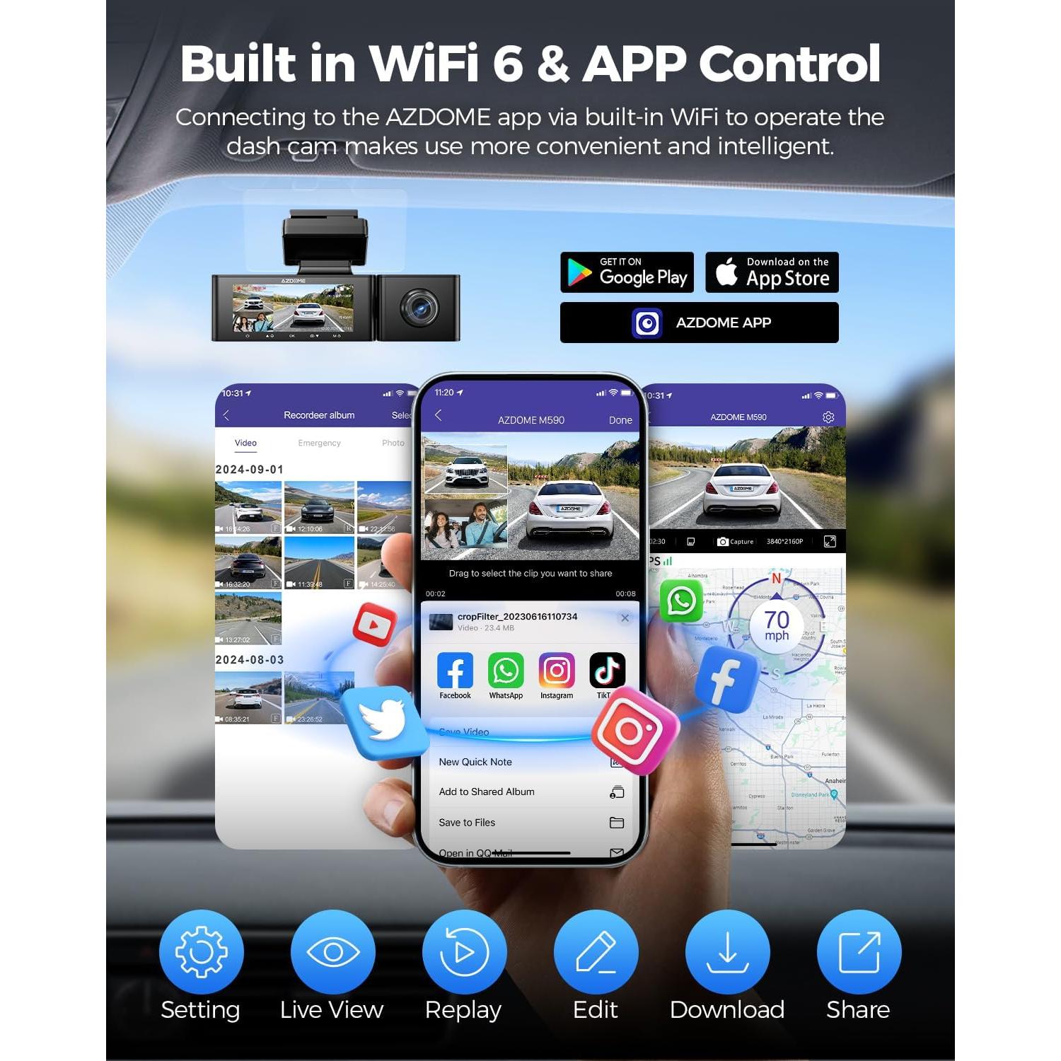 AZDOME 3 Channel WiFi 6 Dash Camera for Cars, 2.5K+1080P+1080P Dash Cam Front and Rear Inside, 64GB Card Included, 3.18" IPS Screen Car Camera with GPS, Parking Mode, IR Night Vision, WDR (M590)