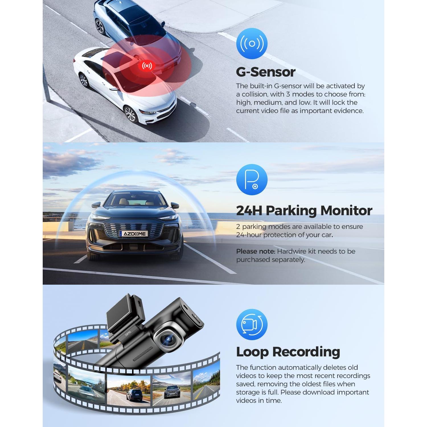 AZDOME 3 Channel WiFi 6 Dash Camera for Cars, 2.5K+1080P+1080P Dash Cam Front and Rear Inside, 64GB Card Included, 3.18" IPS Screen Car Camera with GPS, Parking Mode, IR Night Vision, WDR (M590)